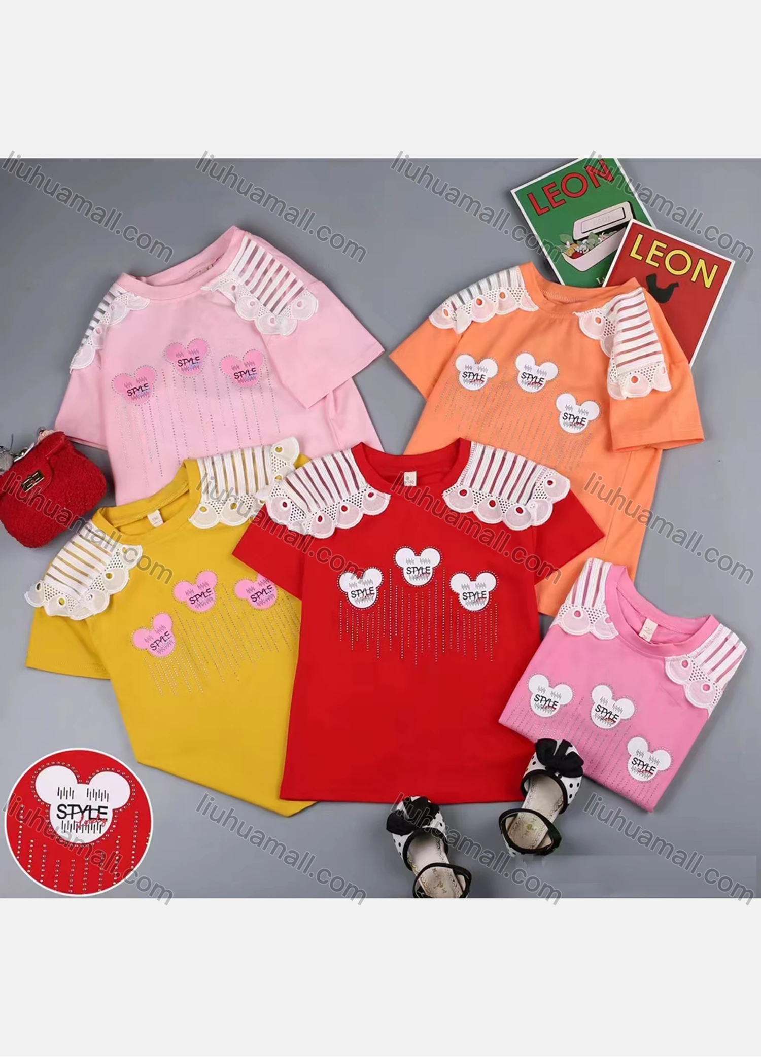 Wholesale Girls Casual Labeled Round Neck Rhinestone Scalloped Trim Short Sleeve Tee - Liuhuamall