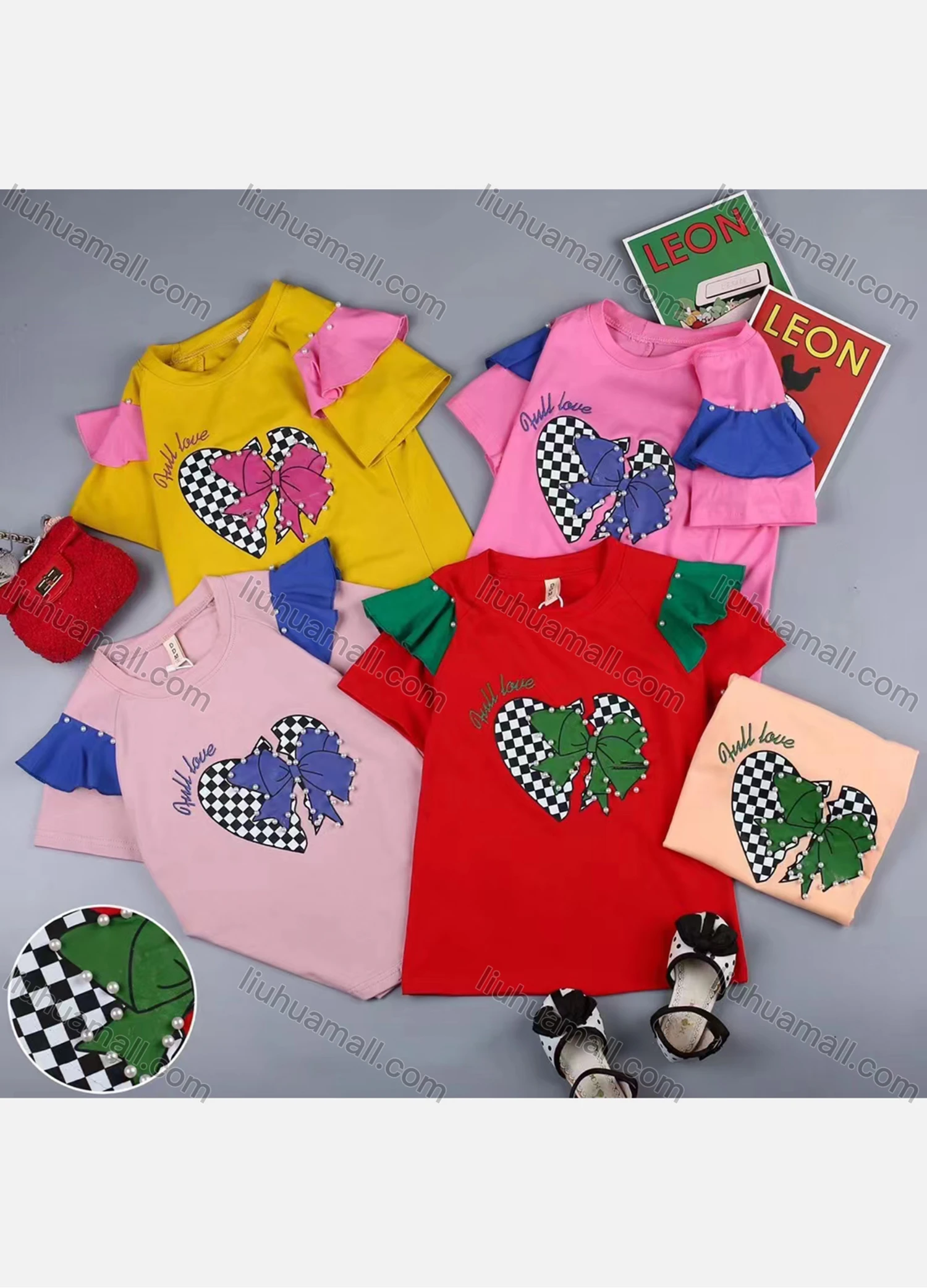 Wholesale Girls Casual Graphic Round Neck Pearl Decor Ruffle Trim Short Sleeve Tee - Liuhuamall