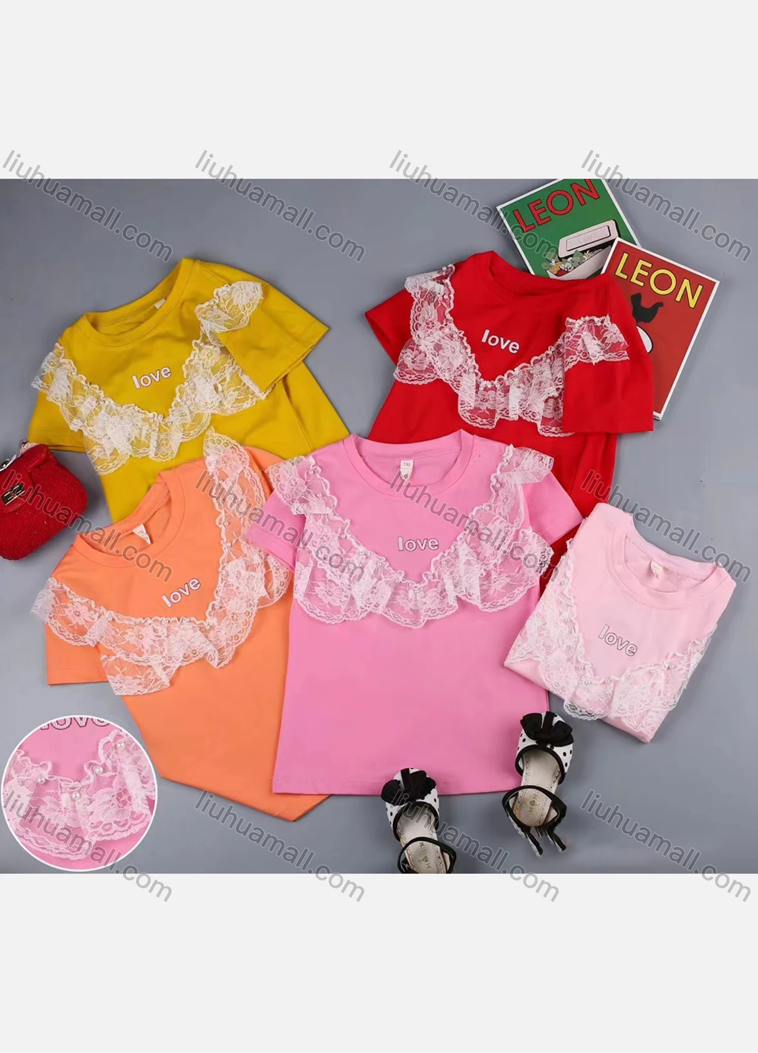 Wholesale Girls Casual Lace Trim Round Neck Short Sleeve Tee - Liuhuamall
