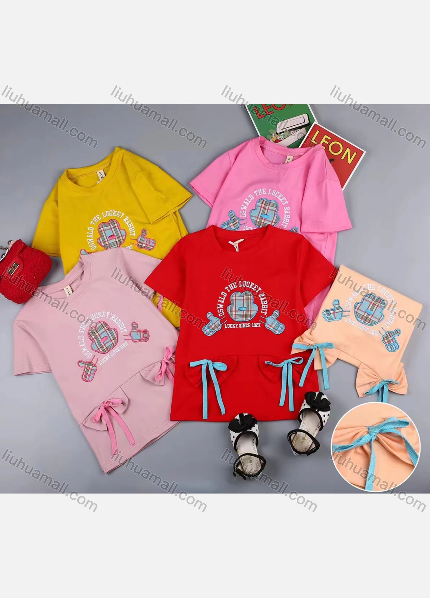 Wholesale Girls Casual Embroidery Round Neck Bow Knot Lace Trim Short Sleeve Tee - Liuhuamall