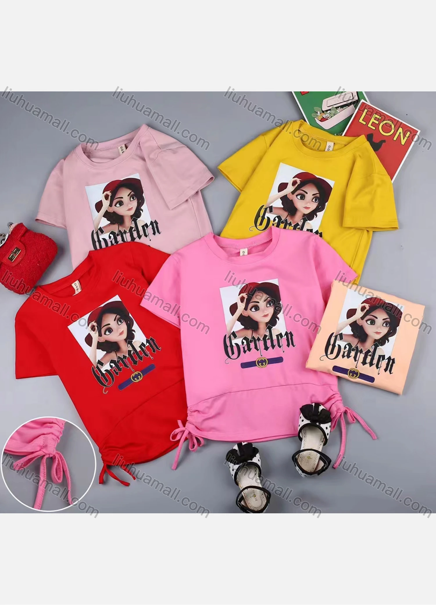 Wholesale Girls Casual Cartoon Graphic Round Neck Drawstring Short Sleeve Tee - Liuhuamall
