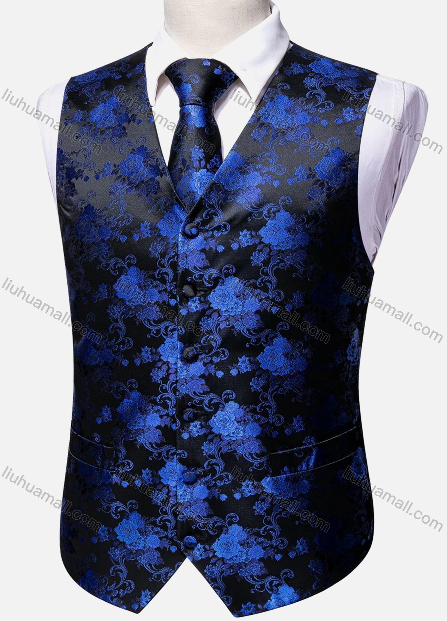 Wholesale Men's Vintage V Neck Allover Print Single Breasted Silky Waistcoat & Necktie 2-piece Set - Liuhuamall