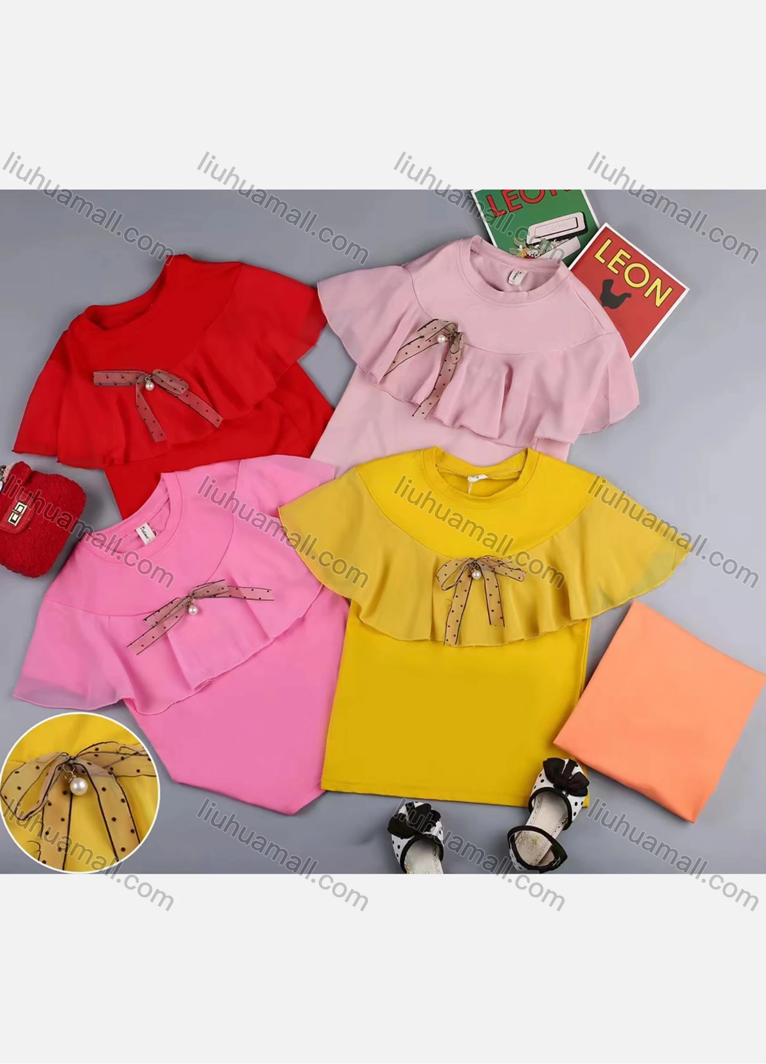 Wholesale Girls Casual Bow Tie Round Neck Ruffle Trim Short Sleeve Tee - Liuhuamall