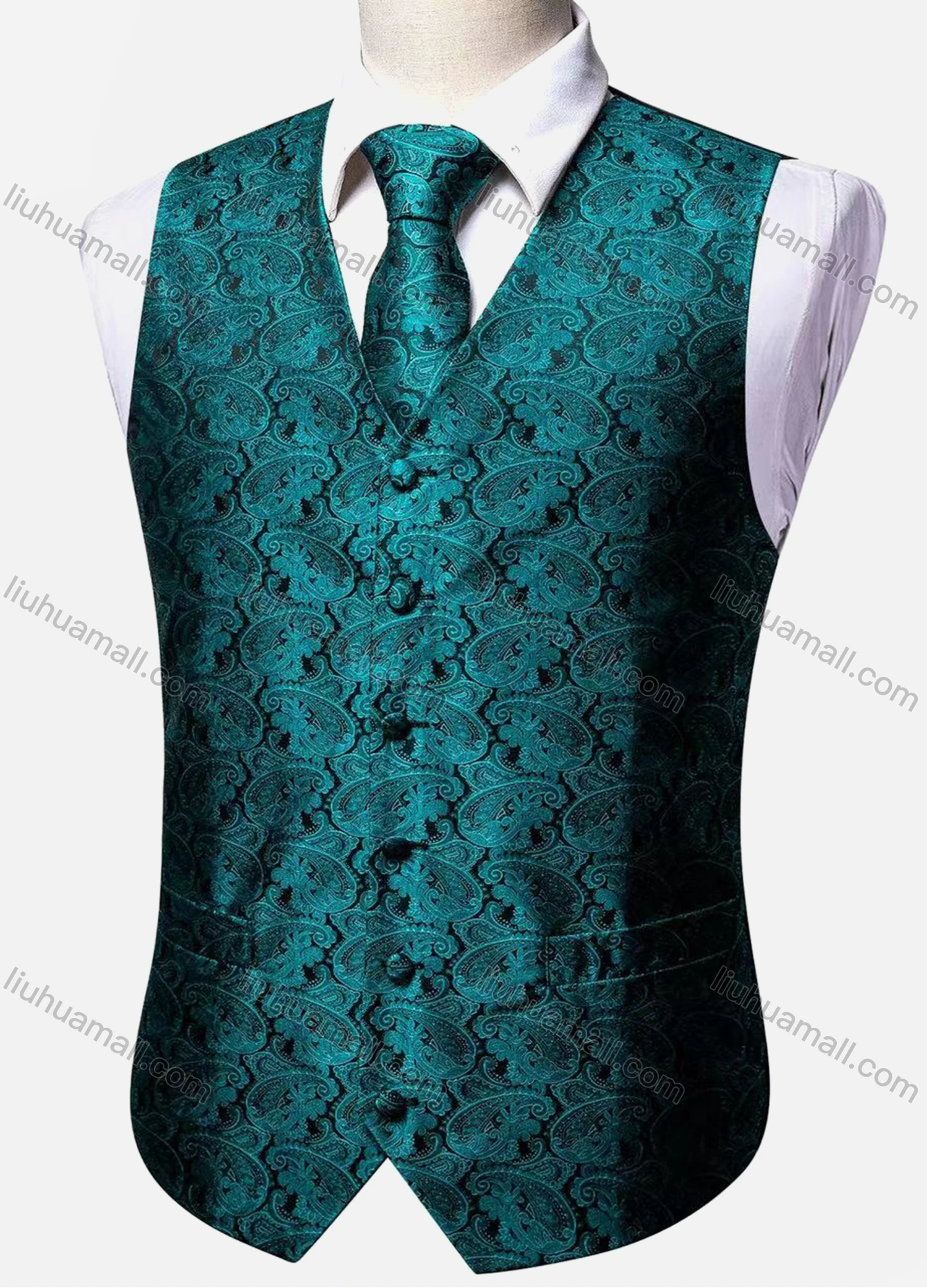 Wholesale Men's Vintage V Neck Patch Pockets Single Breasted Silky Waistcoat & Necktie 2-piece Set - Liuhuamall