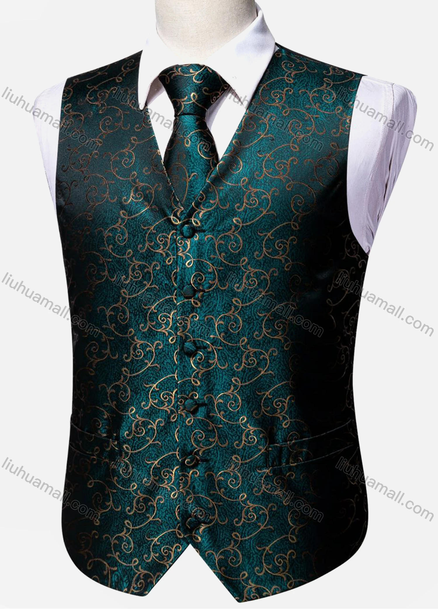 Wholesale Men's Vintage V Neck Patch Pockets Single Breasted Silky Waistcoat & Necktie 2-piece Set - Liuhuamall