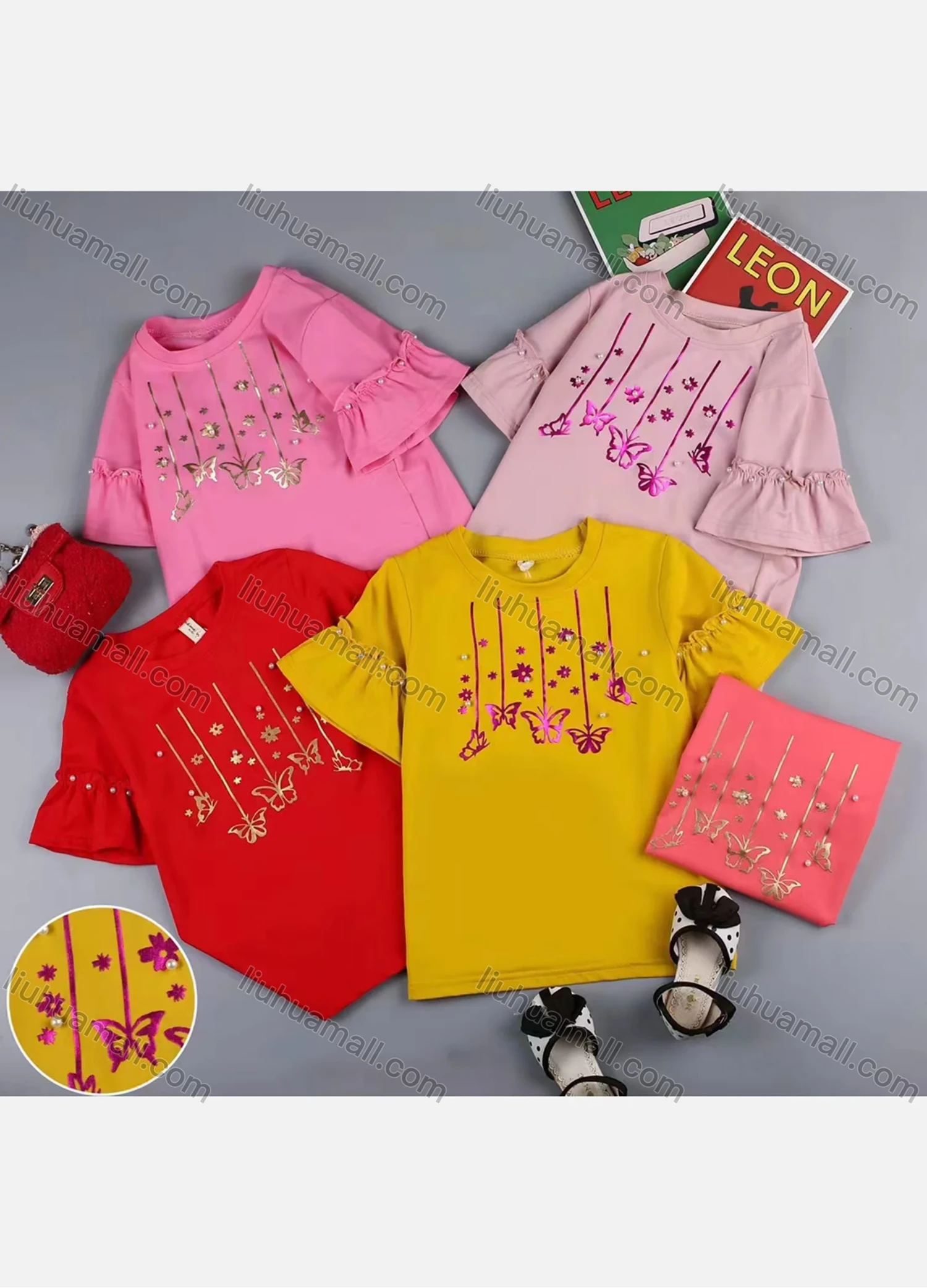 Wholesale Girls Casual Appliques Round Neck Ruffle Trim Pearl Decor Short Sleeve Tee - Liuhuamall