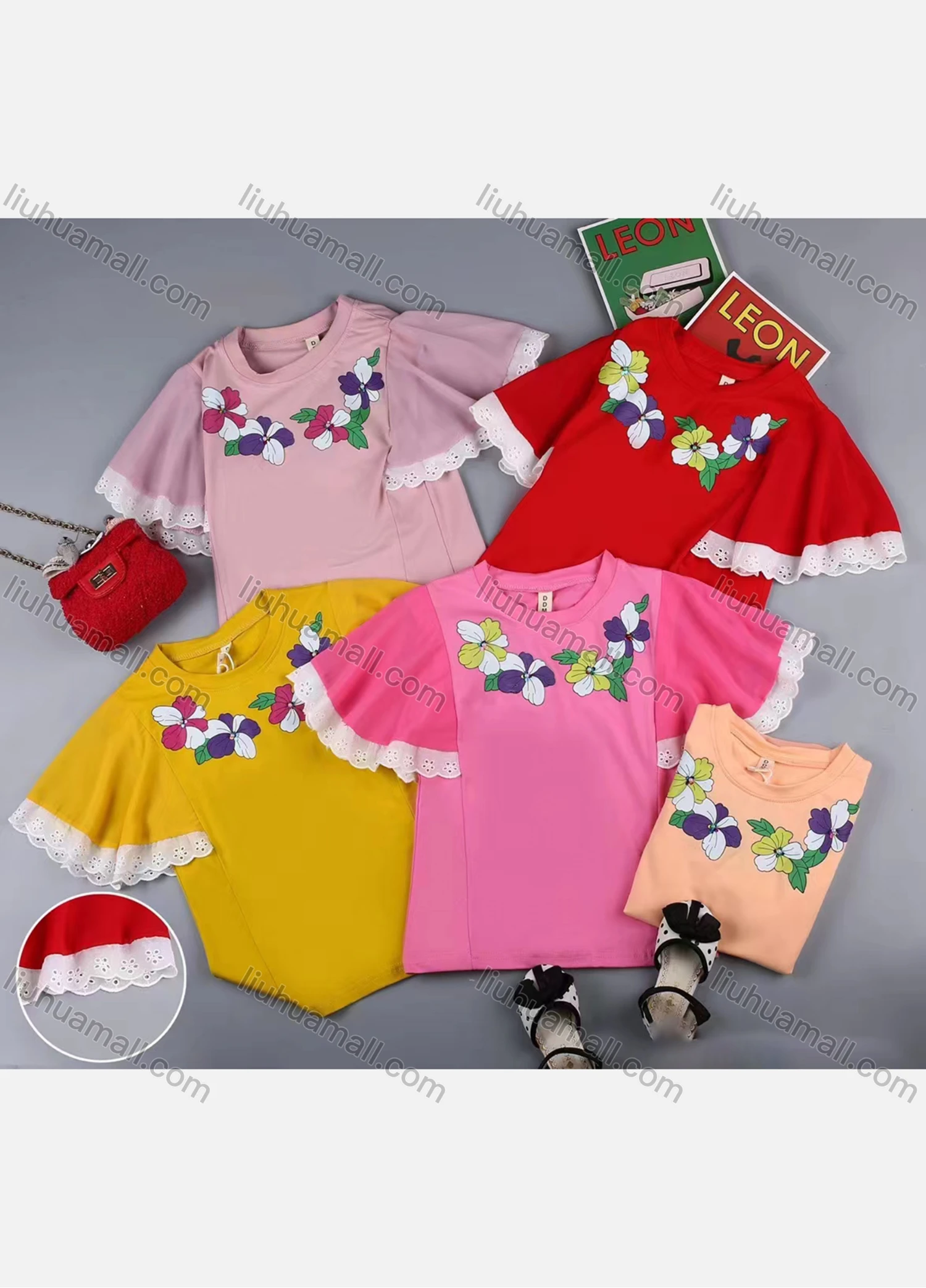 Wholesale Girls Casual Floral Graphic Round Neck Lace Trim Short Sleeve Tee - Liuhuamall