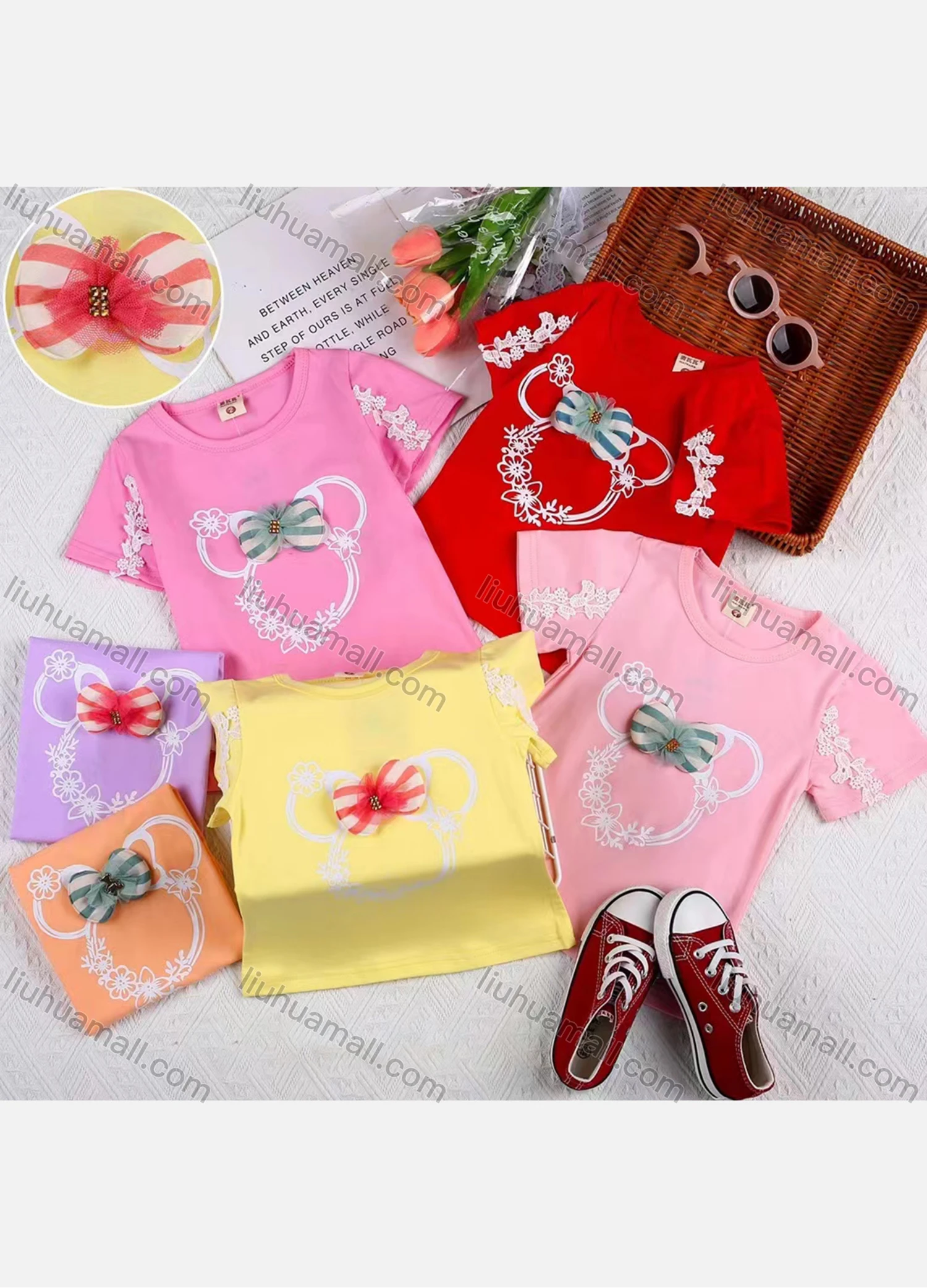 Wholesale Girls Casual Cartoon Print Bow Knot Appliques Round Neck Short Sleeve Tee - Liuhuamall