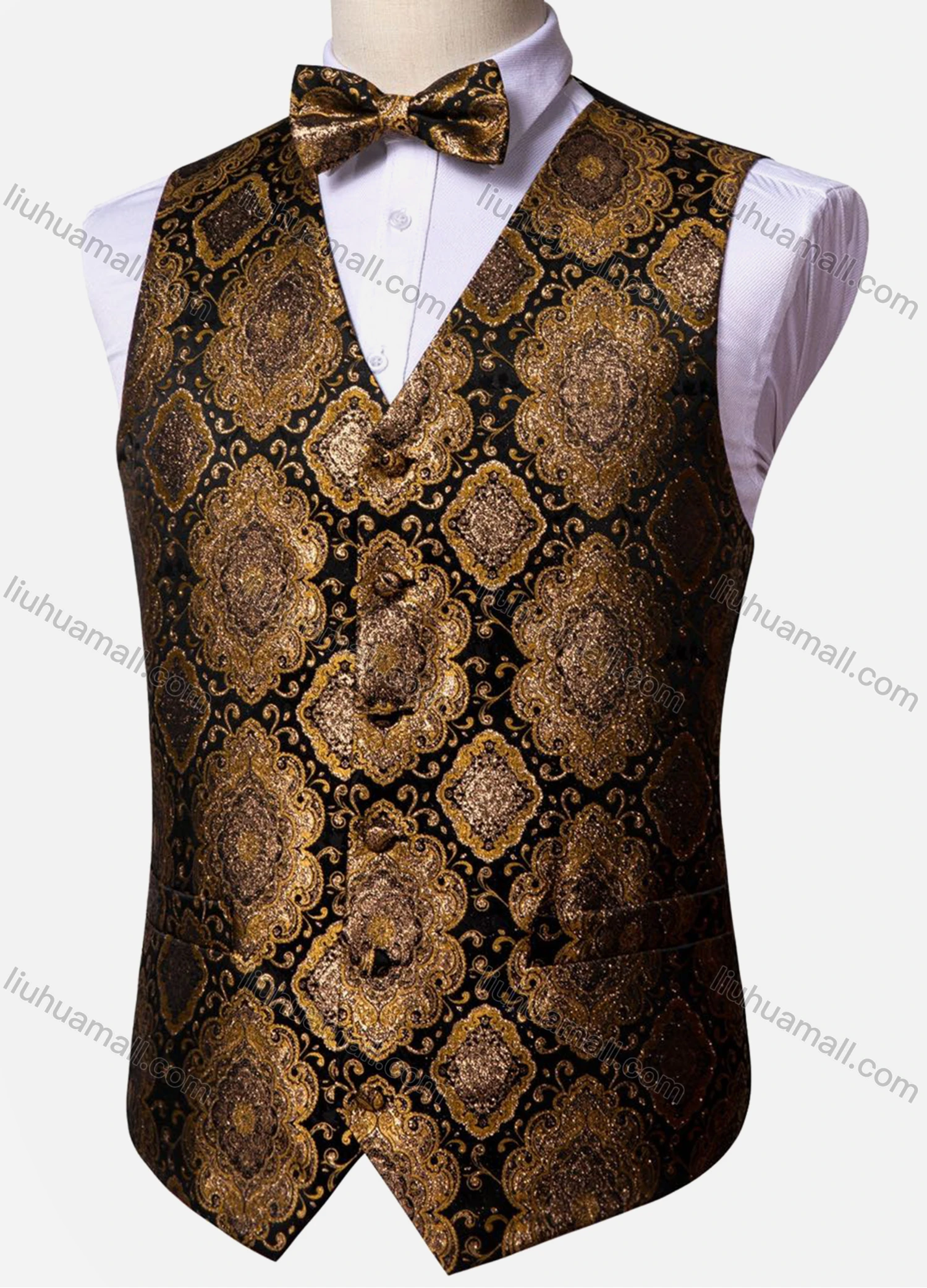 Wholesale Men's Vintage V Neck Allover Print Single Breasted Silky Waistcoat & Bow Tie 2-piece Set - Liuhuamall