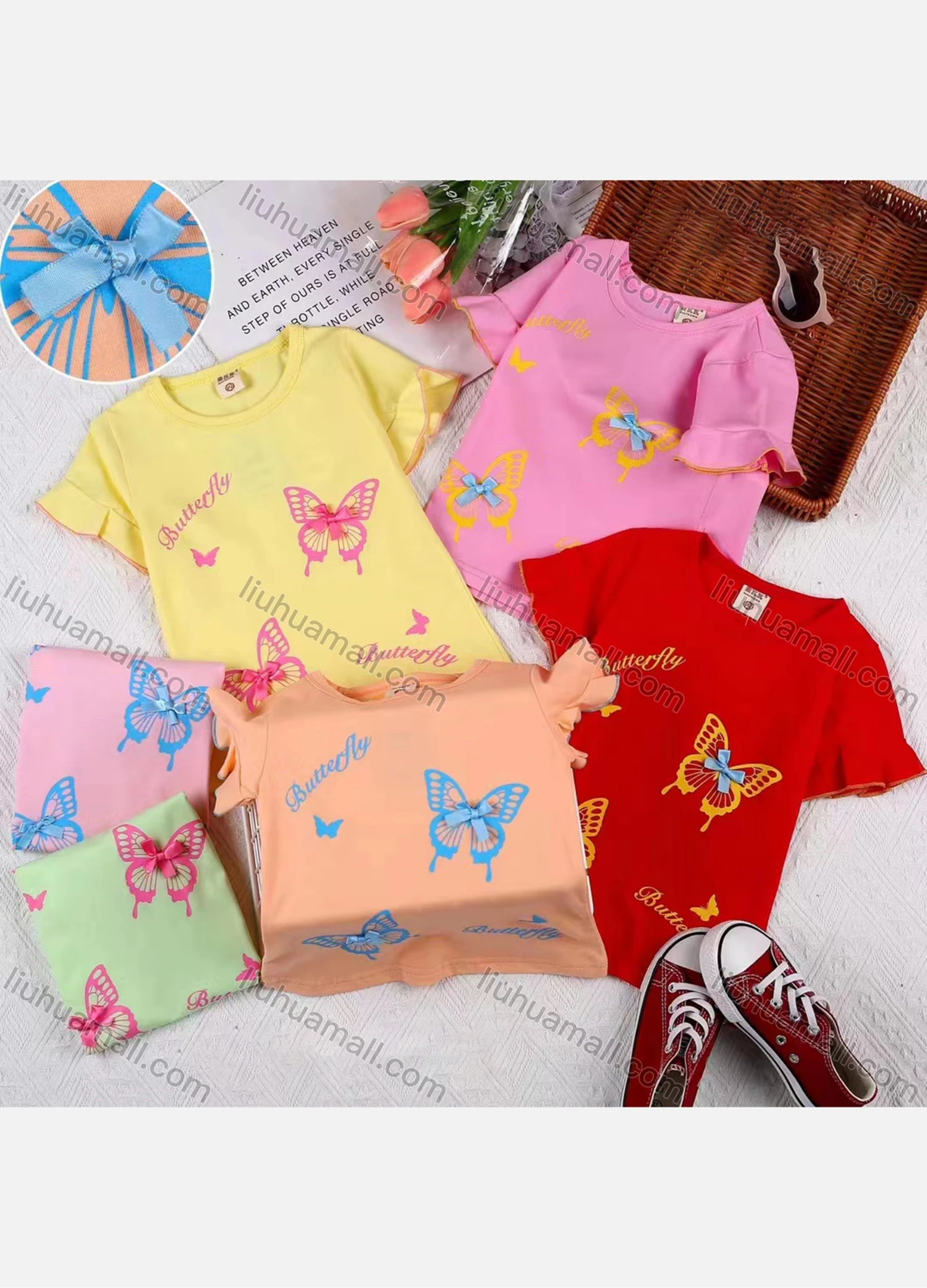 Wholesale Girls Casual Butterfly Print Bow Knot Round Neck Short Sleeve Tee - Liuhuamall