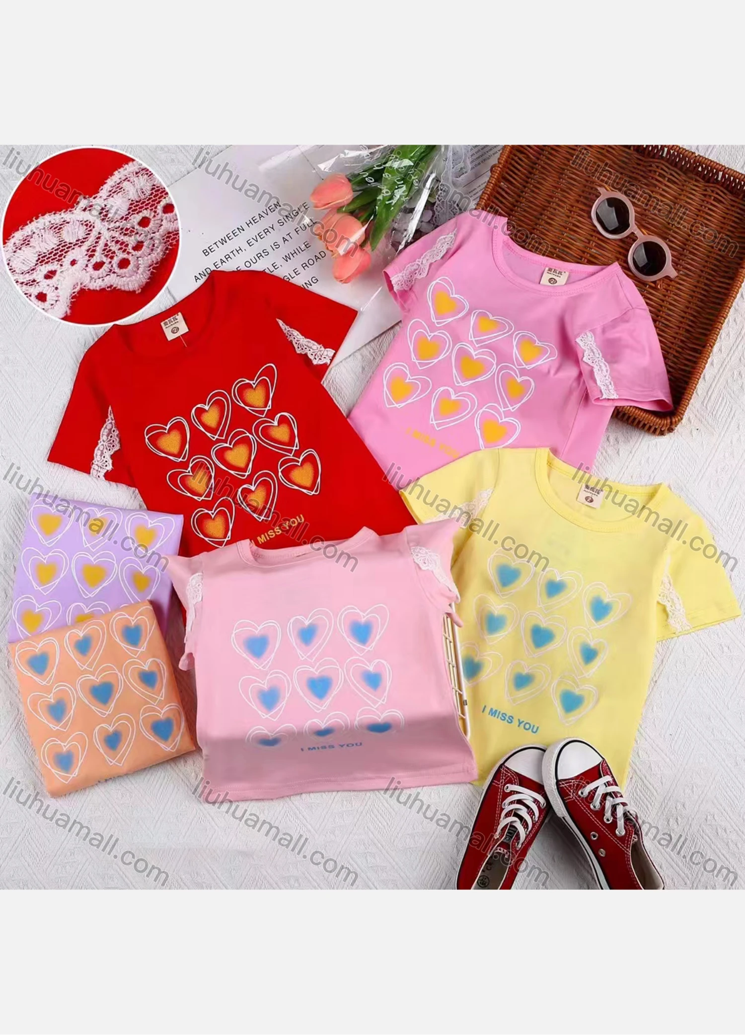 Wholesale Girls Casual Heart Print Guipure Lace Trim Round Neck Short Sleeve Tee - Liuhuamall