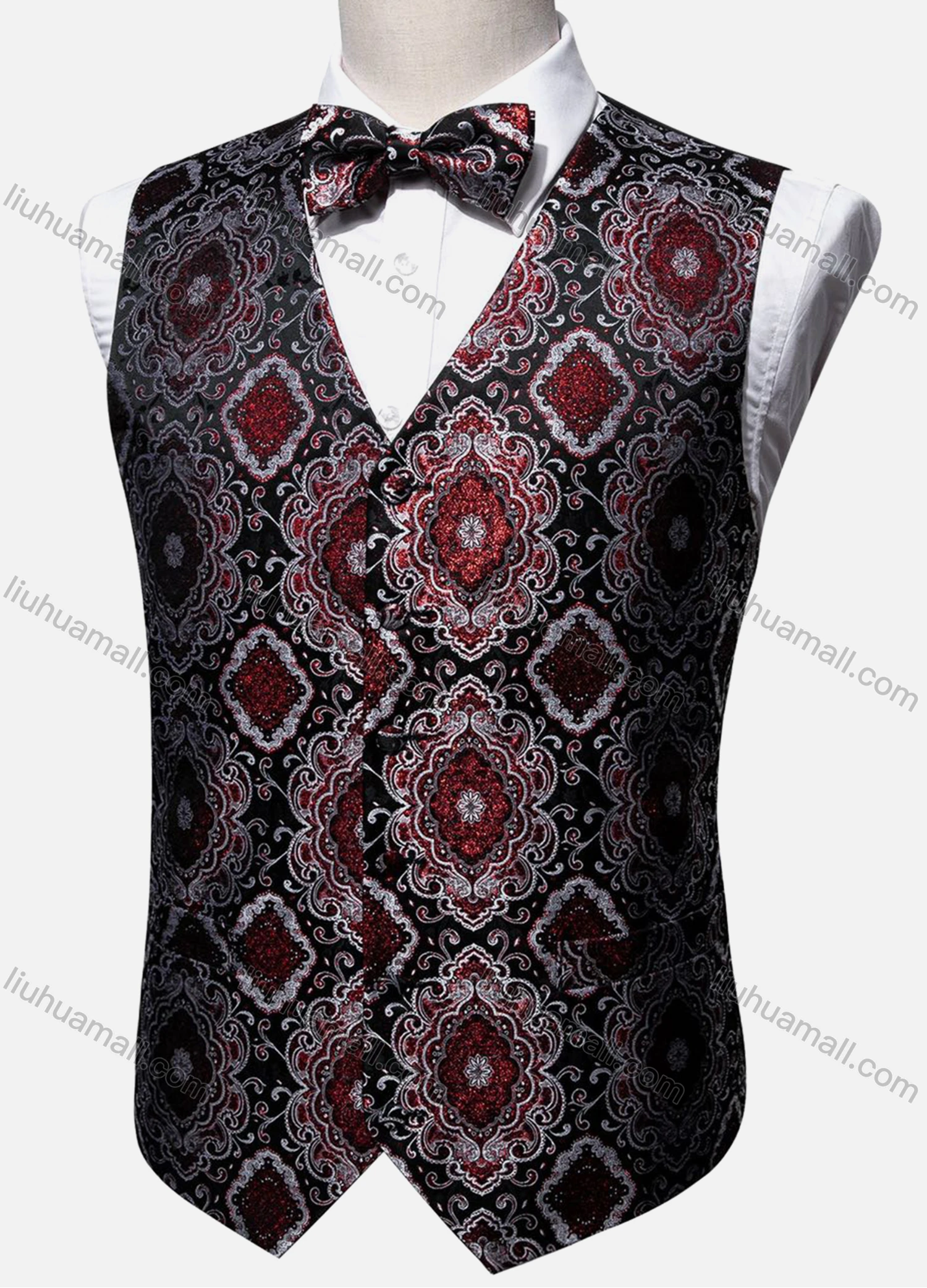 Wholesale Men's Vintage V Neck Folkloric Print Single Breasted Silky Waistcoat & Bow Tie 2-piece Set - Liuhuamall