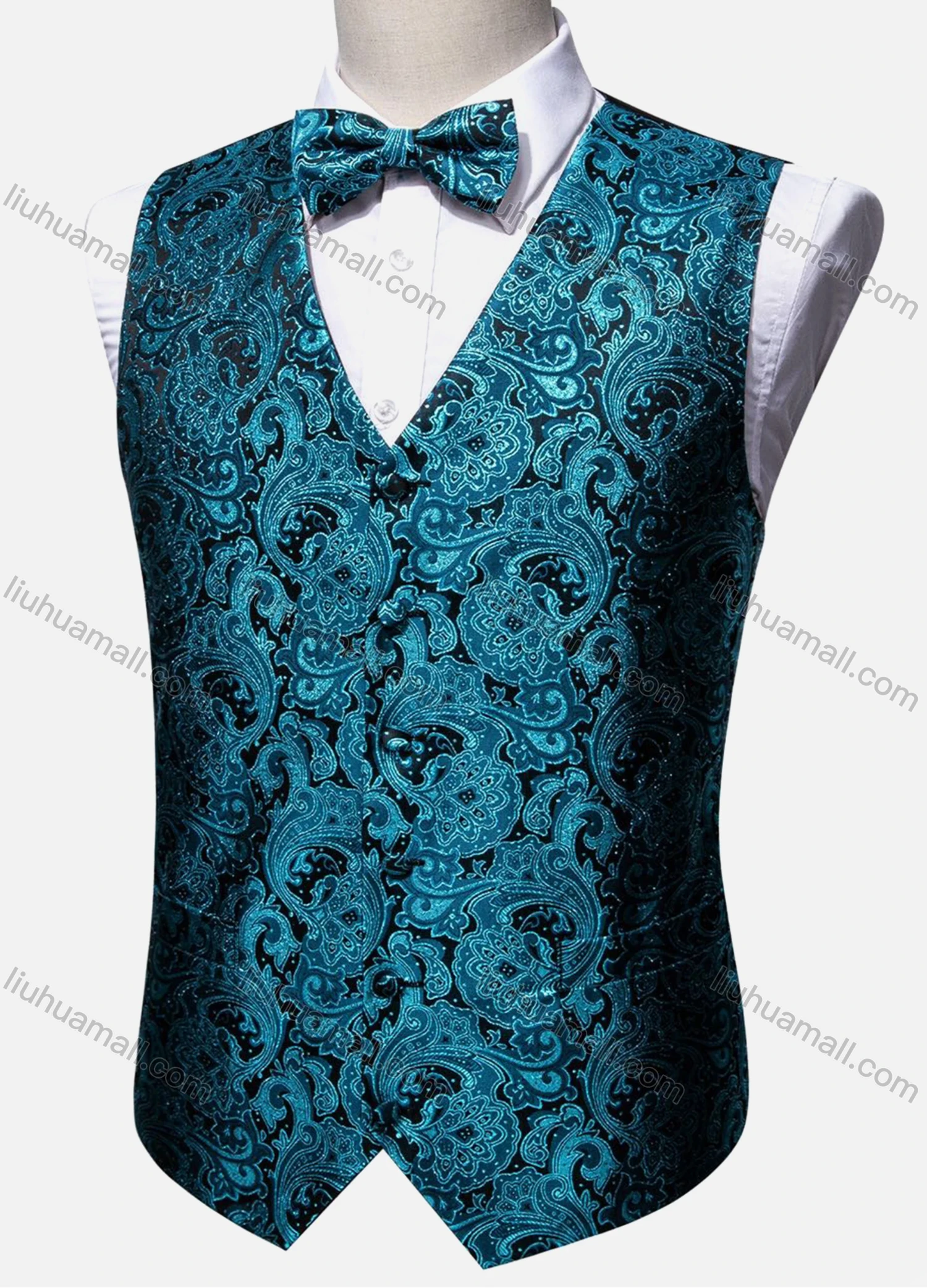 Wholesale Men's Vintage V Neck Folkloric Print Single Breasted Silky Waistcoat & Bow Tie 2-piece Set - Liuhuamall