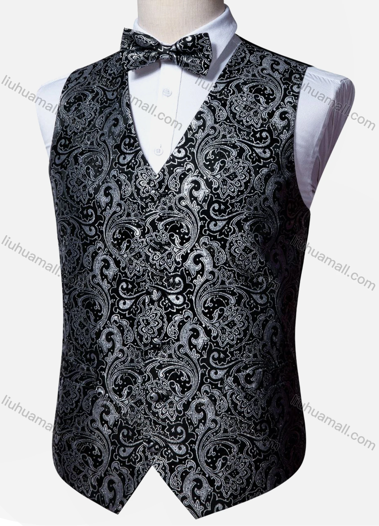Wholesale Men's Vintage V Neck Single Breasted Folkloric Print Silky Waistcoat & Bow Tie 2-piece Set - Liuhuamall