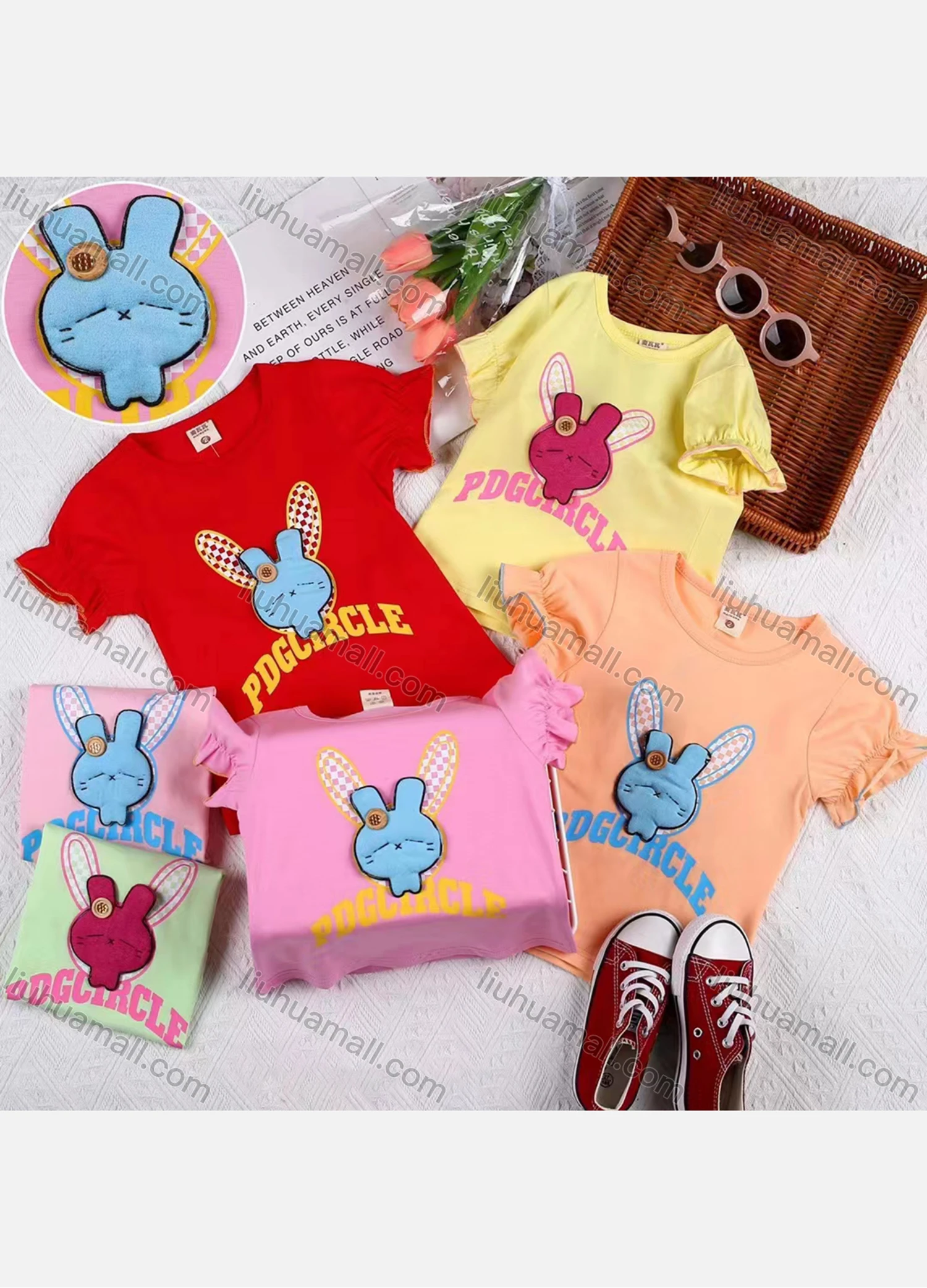 Wholesale Girls Casual Round Neck Cartoon Appliques Short Sleeve Tee - Liuhuamall