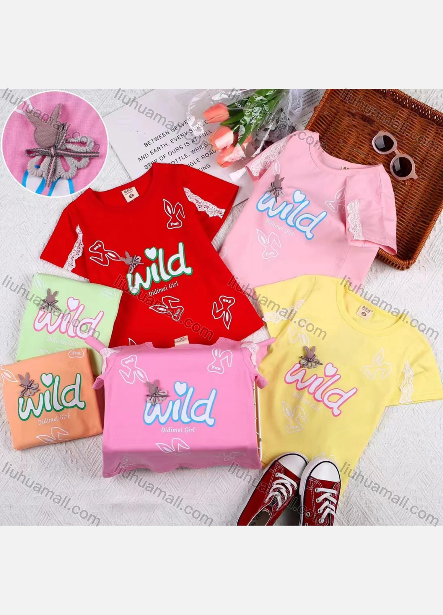 Wholesale Girls Casual Cartoon Print Applique Guipure Lace Round Neck Short Sleeve Tee - Liuhuamall