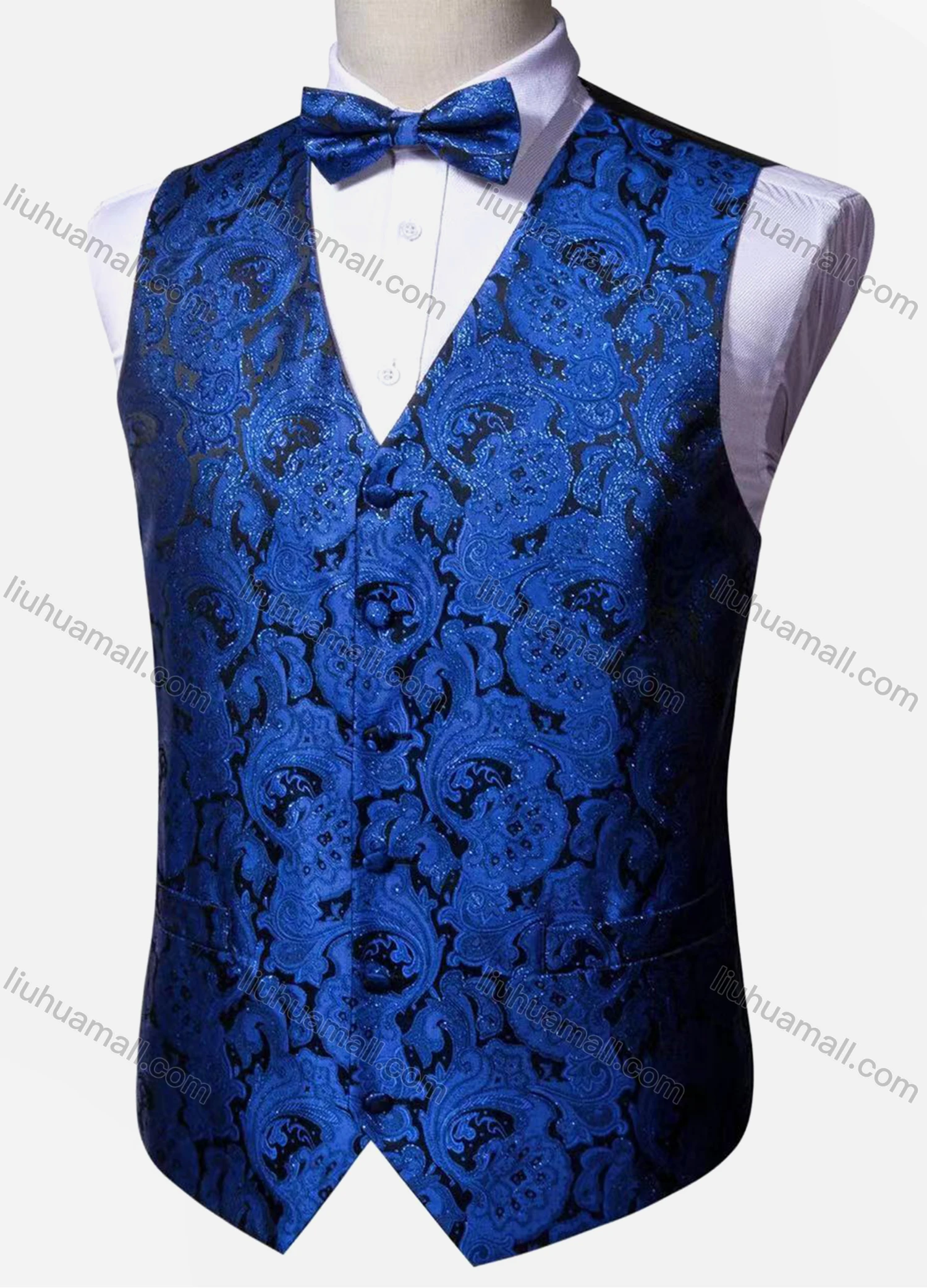 Wholesale Men's Vintage V Neck Single Breasted Folkloric Print Silky Waistcoat & Bow Tie 2-piece Set - Liuhuamall