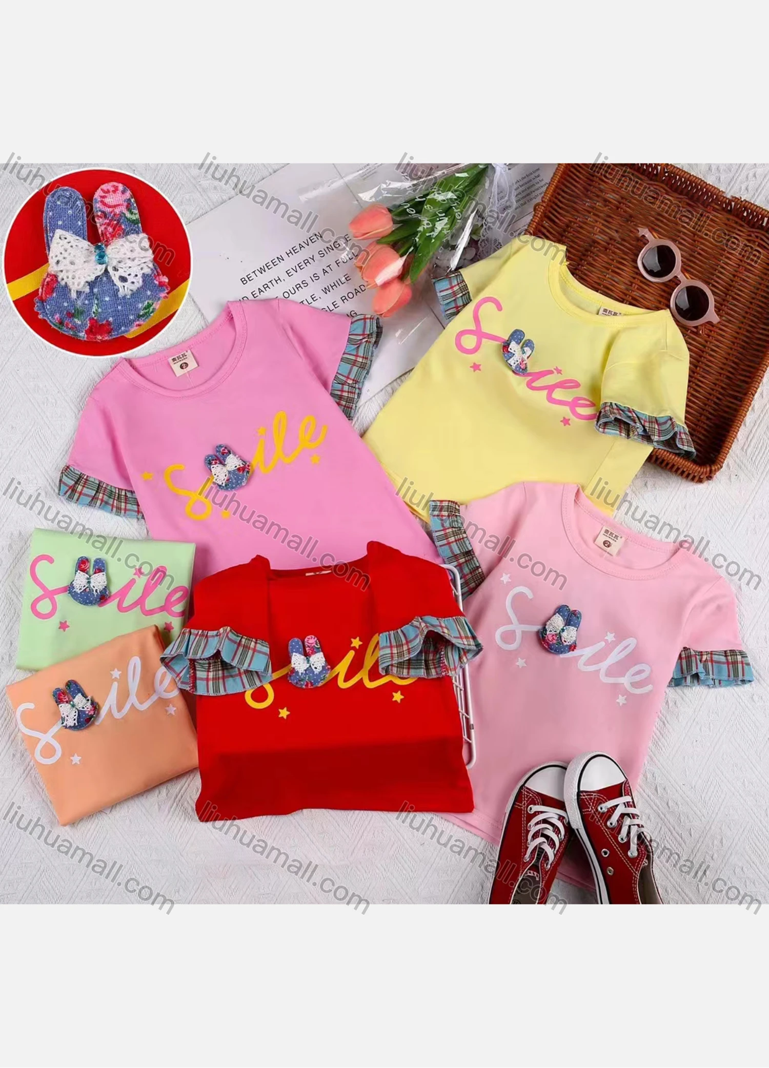 Wholesale Girls Casual Letter Print Cartoon Applique Stitching Round Neck Short Sleeve Tee - Liuhuamall