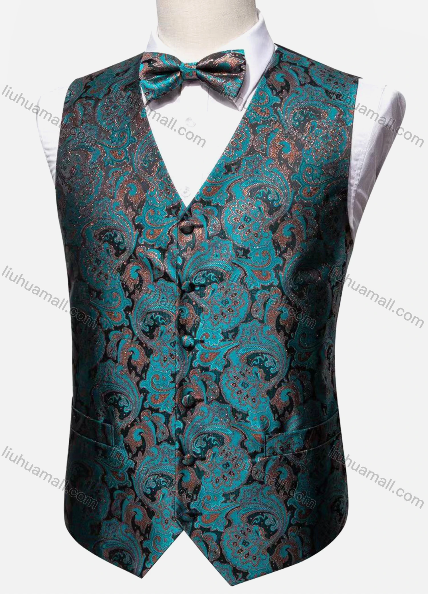 Wholesale Men's Vintage V Neck Single Breasted Folkloric Print Silky Waistcoat & Bow Tie 2-piece Set - Liuhuamall