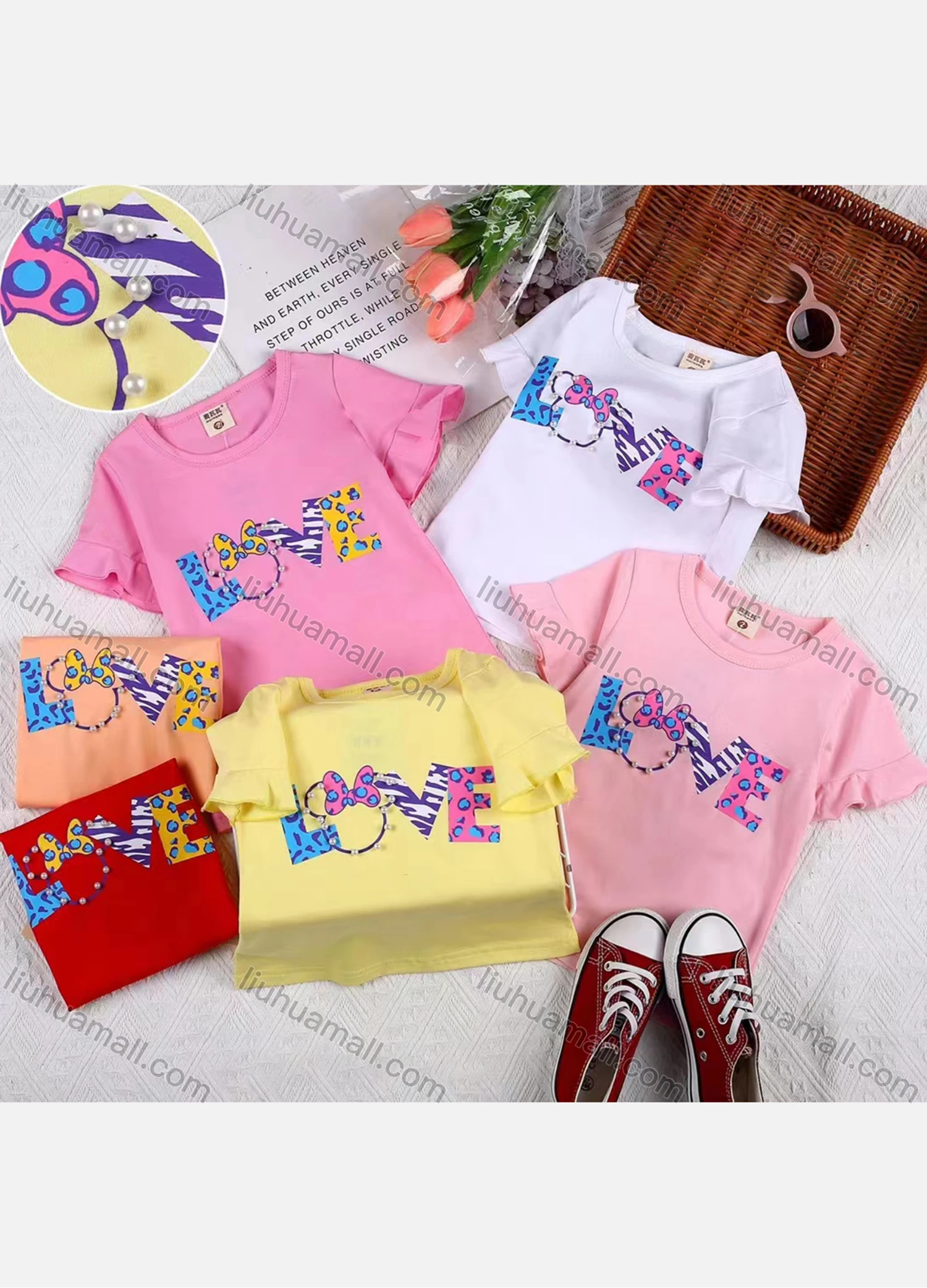 Wholesale Girls Casual Letter Print Pearl Decor Round Neck Short Sleeve Tee - Liuhuamall