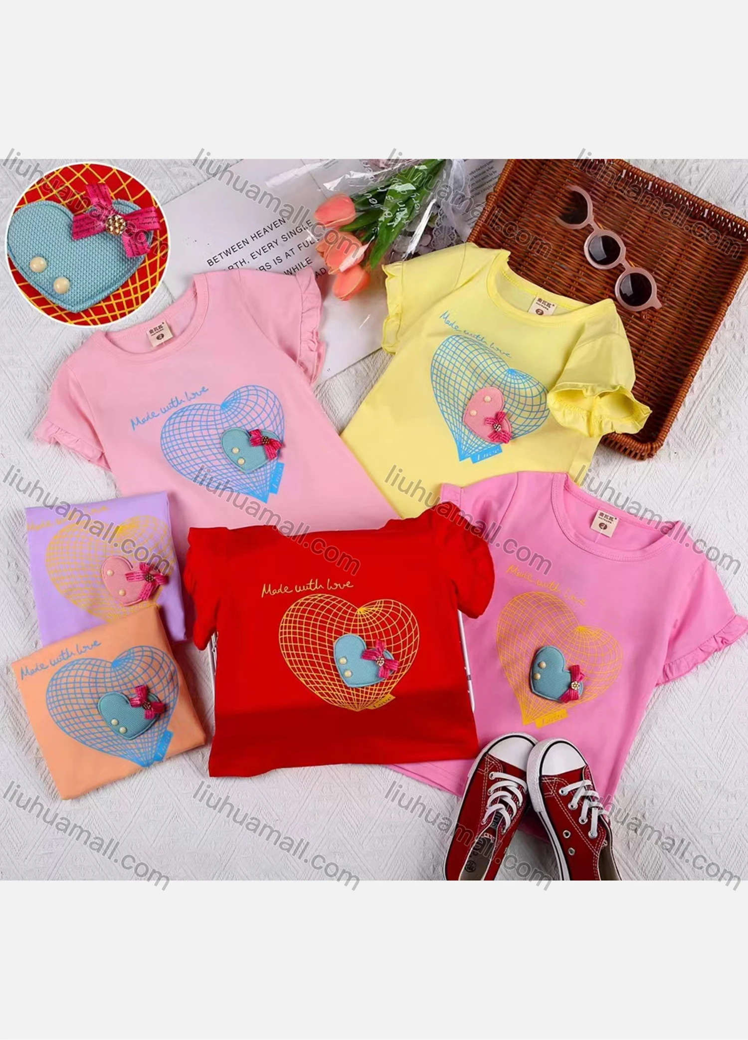 Wholesale Girls Casual Heart Print Applique Round Neck Short Sleeve Tee - Liuhuamall