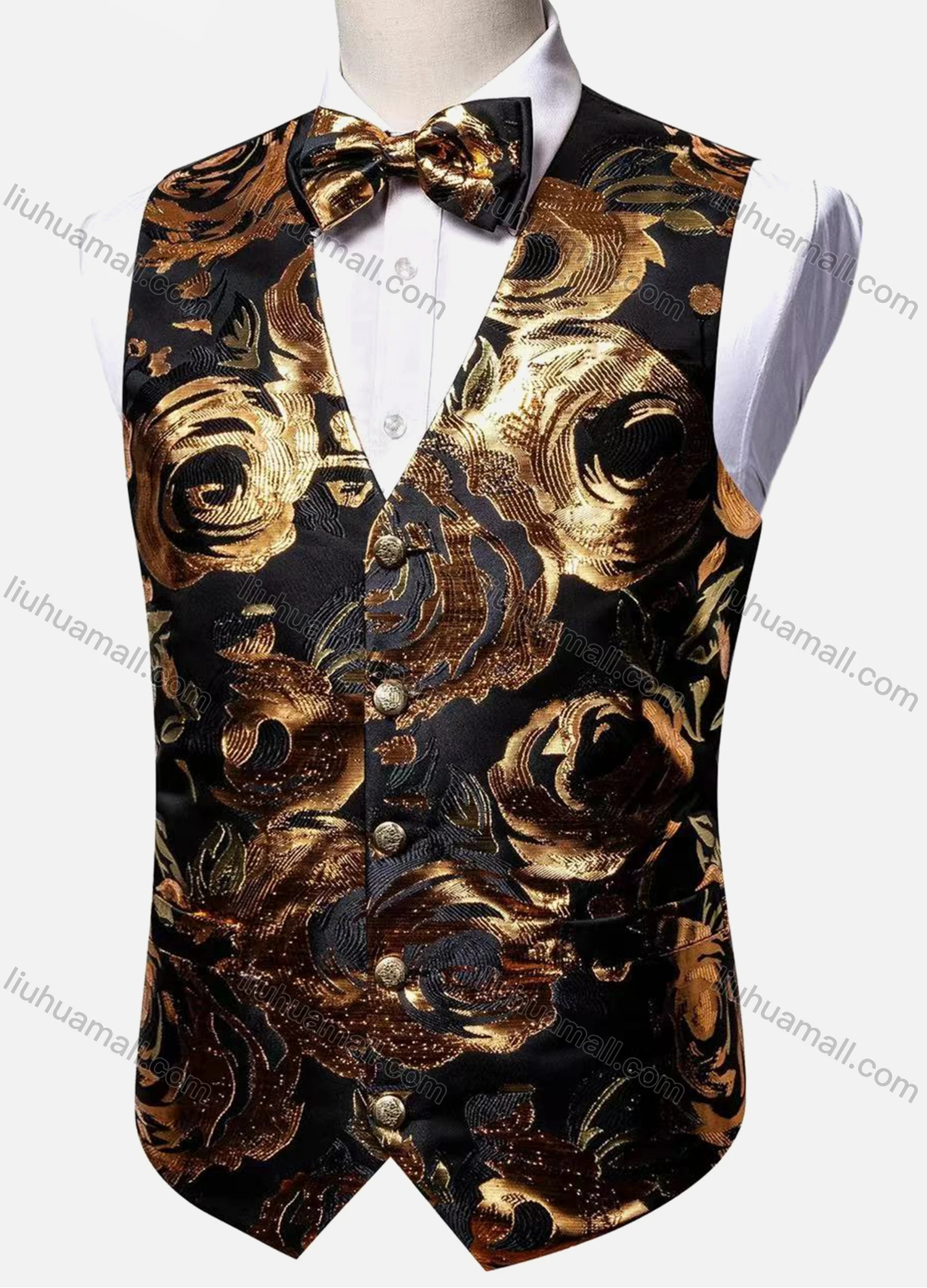 Wholesale Men's Vintage V Neck Single Breasted Gold Thread Embroidery Waistcoat & Bow Tie 2-piece Set - Liuhuamall