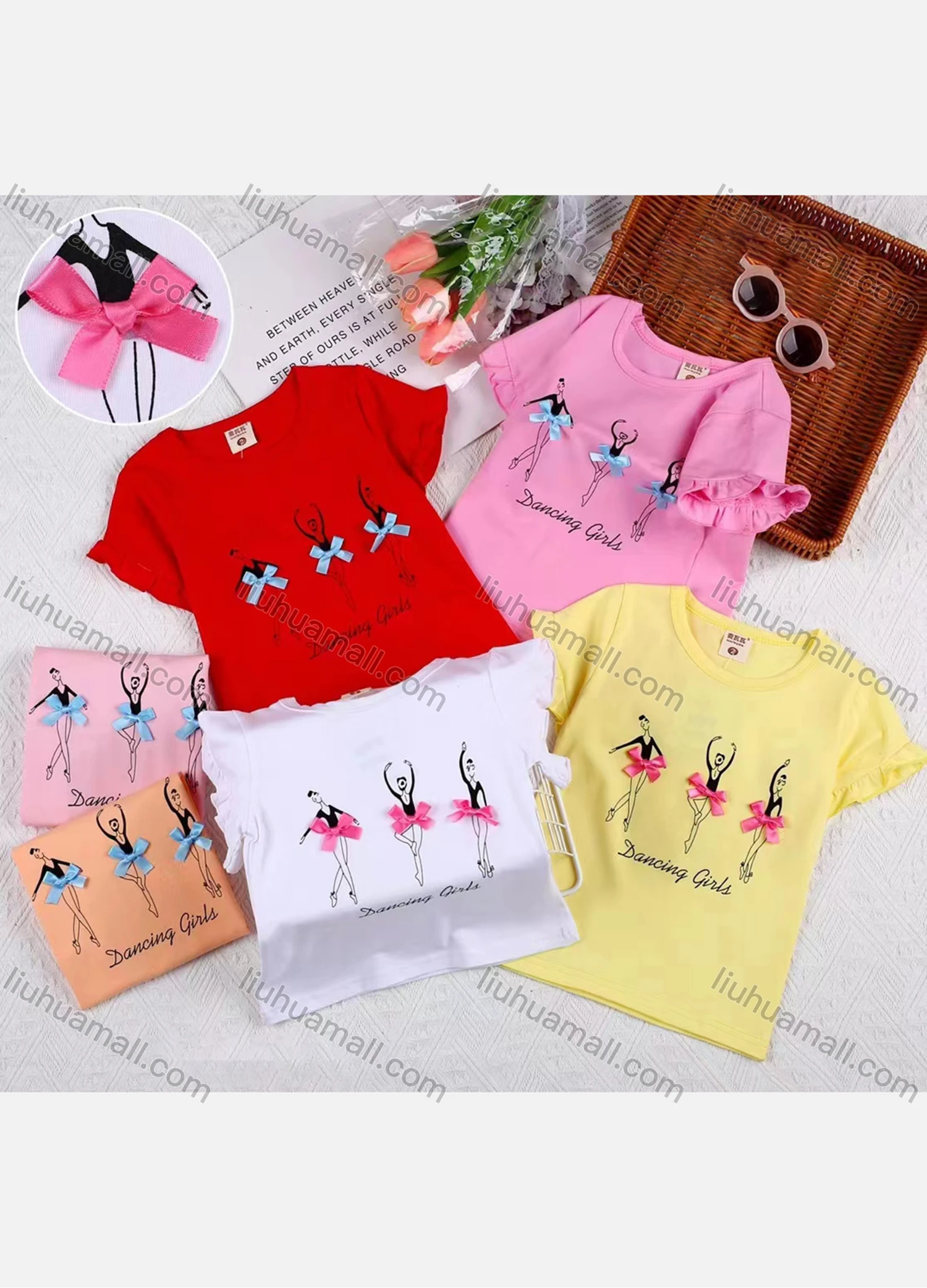 Wholesale Girls Casual Graphic Bow Knot Appliques Round Neck Short Sleeve Tee - Liuhuamall