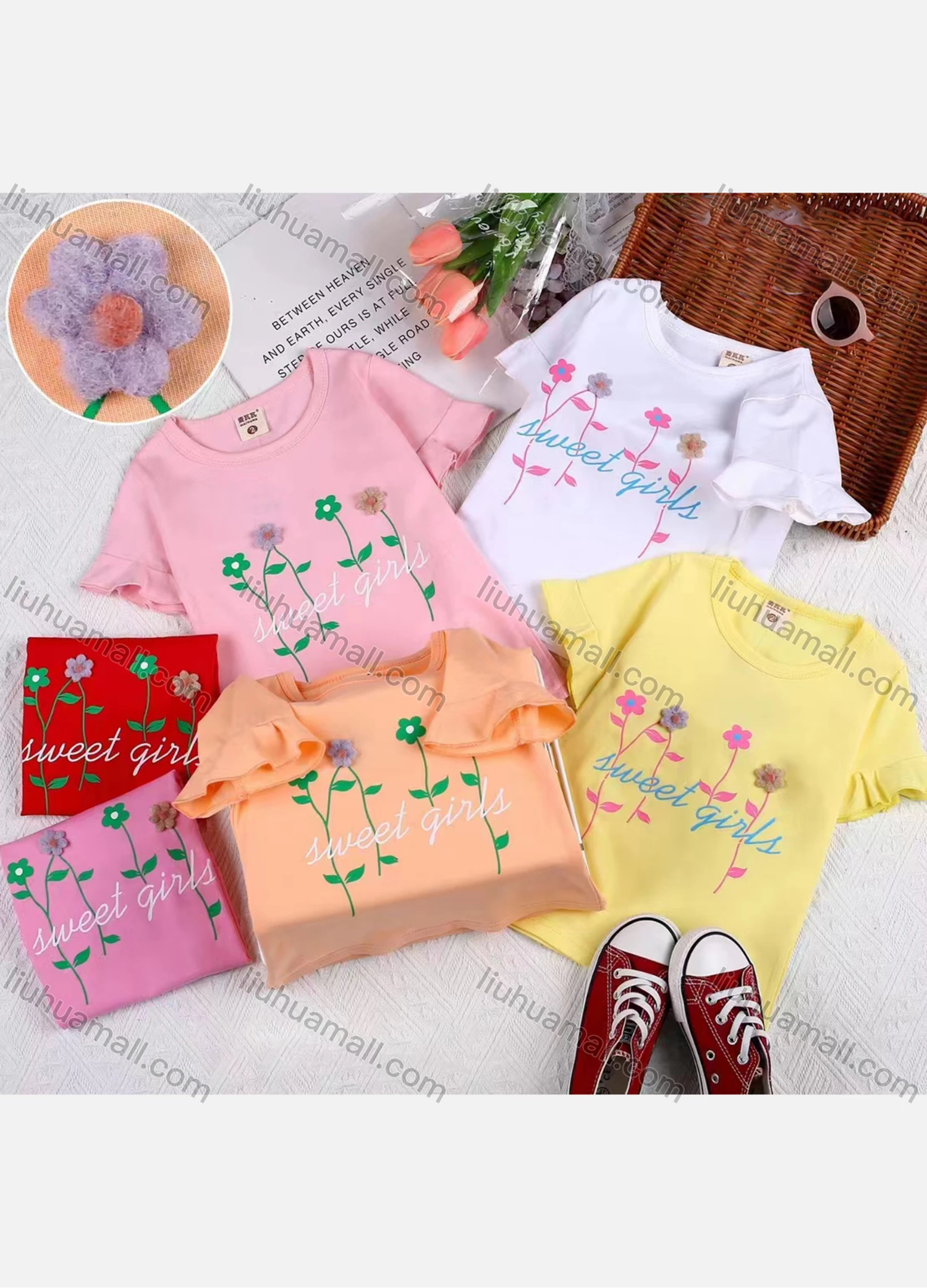 Wholesale Girls Casual Floral & Letter Print Applique Round Neck Short Sleeve Tee - Liuhuamall