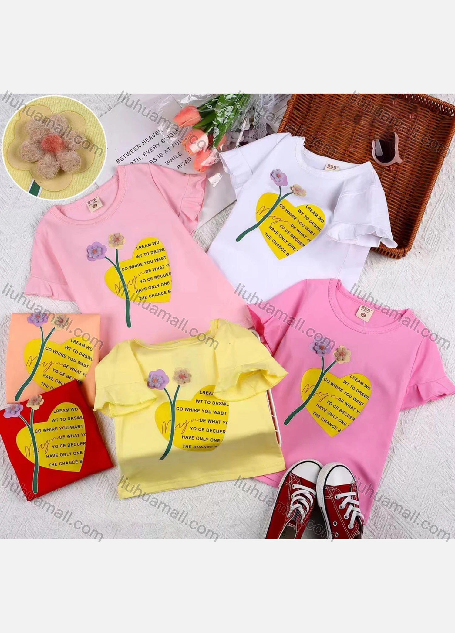 Wholesale Girls Causal Heart & Letter Graphic Floral Appliques Round Neck Short Sleeve Tee - Liuhuamall