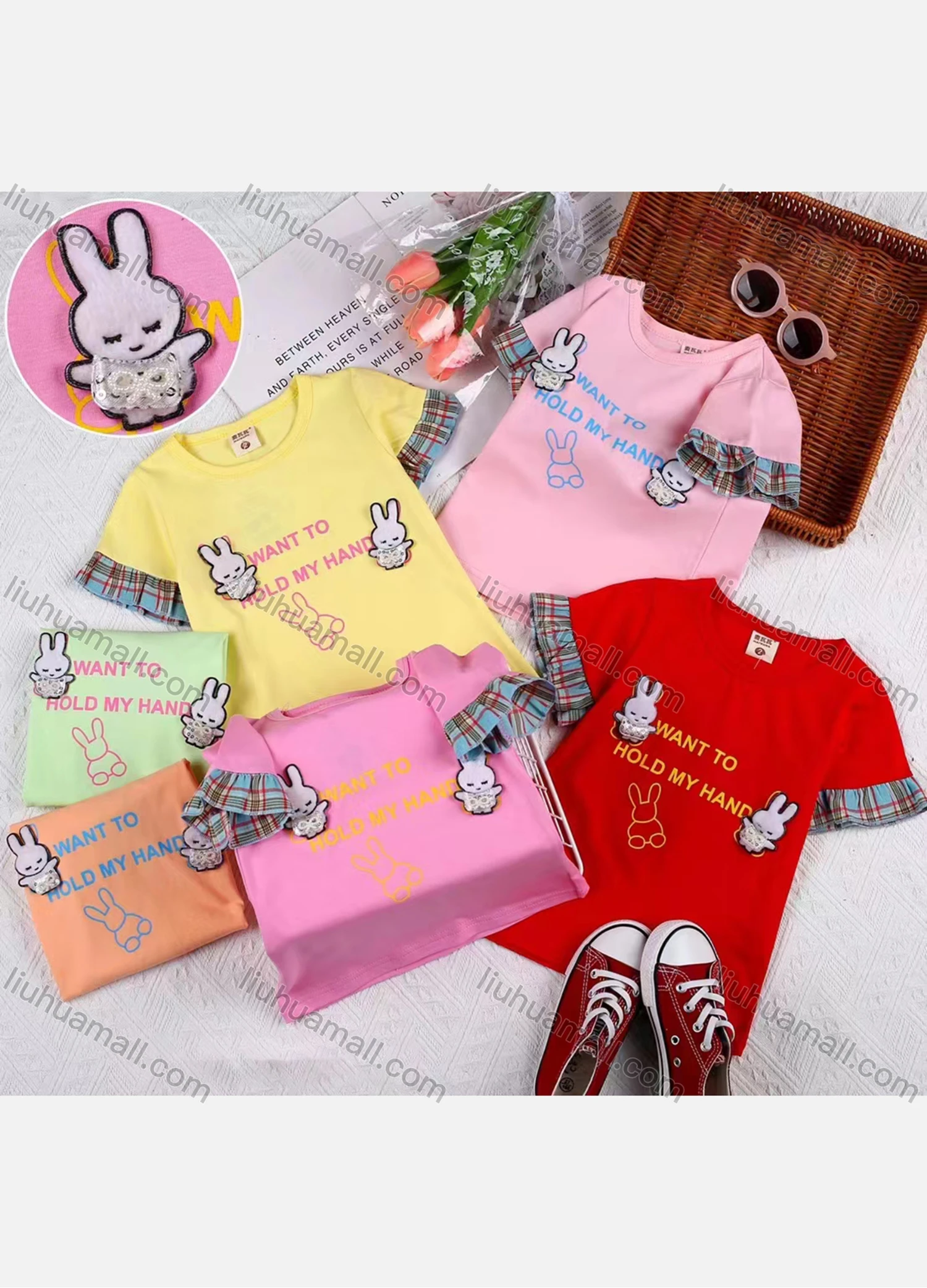 Wholesale Girls Causal Letter Print Cartoon Appliques Round Neck Stitching Short Sleeve Tee - Liuhuamall