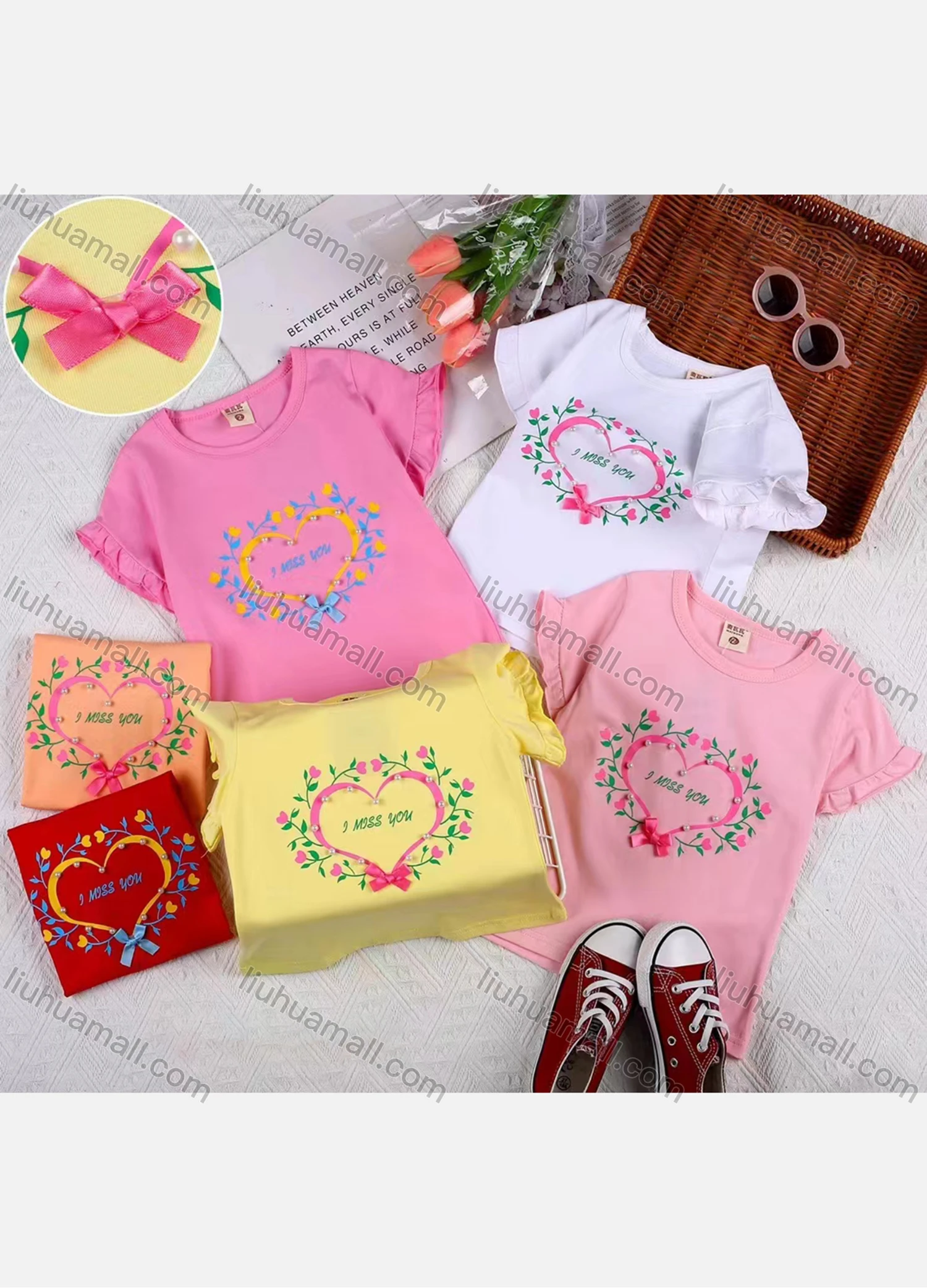 Wholesale Girls Causal Heart Print Bow Knot Appliques Pearl Decor Round Neck Short Sleeve Tee - Liuhuamall