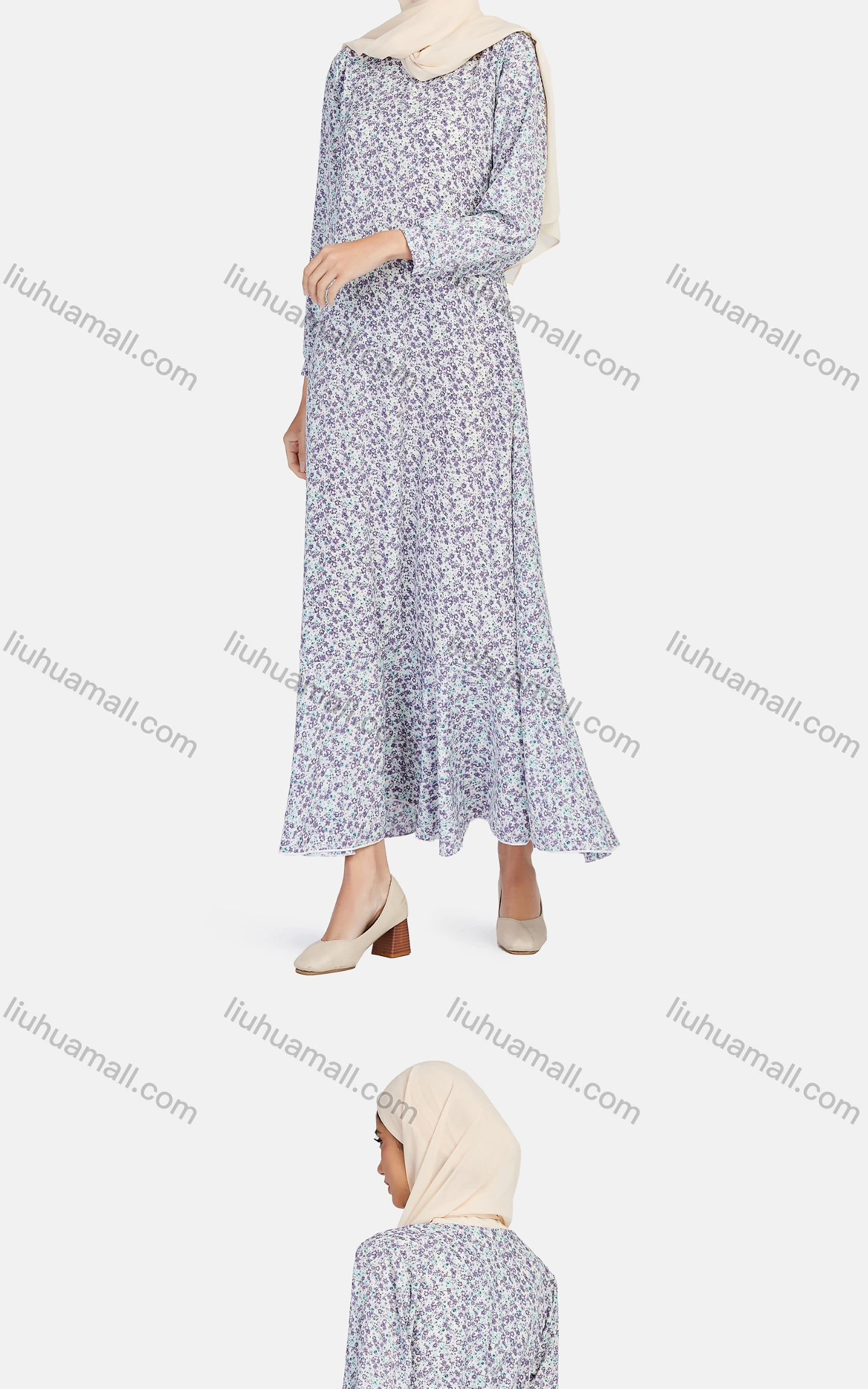 Wholesale Women's Casual Long Sleeve Floral Print Lace Up Back Maxi Dress 1307# - Liuhuamall