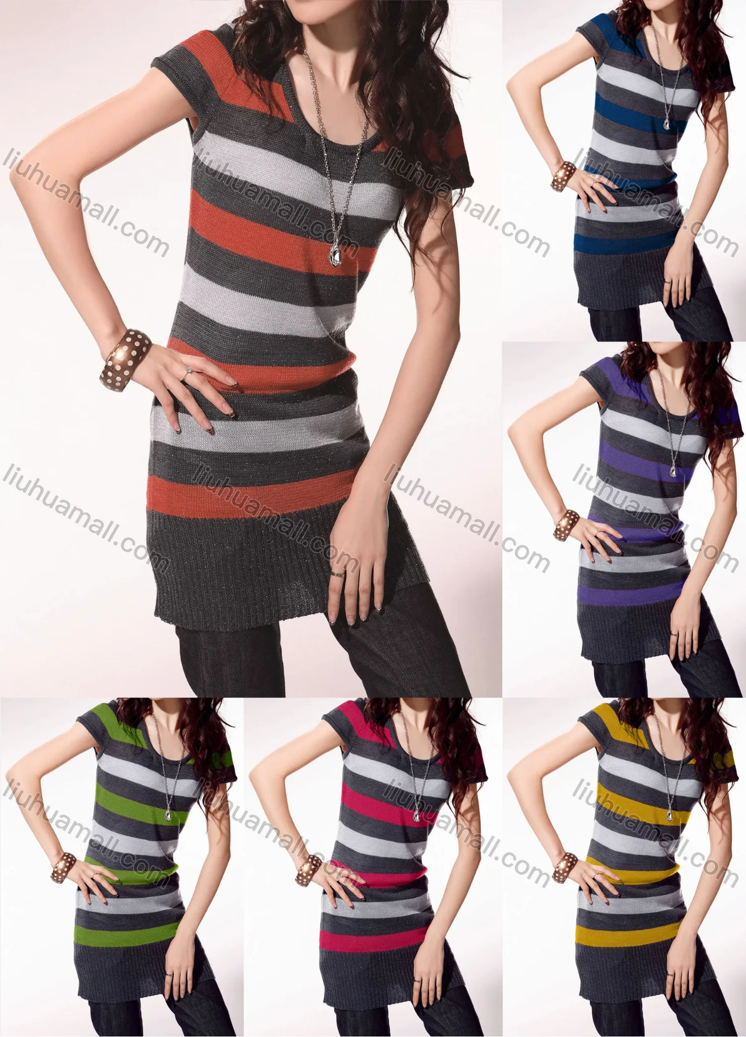 Wholesale Women's Casual Striped Short Sleeve Scoop Neck Knitted Tunic 1182# - Liuhuamall