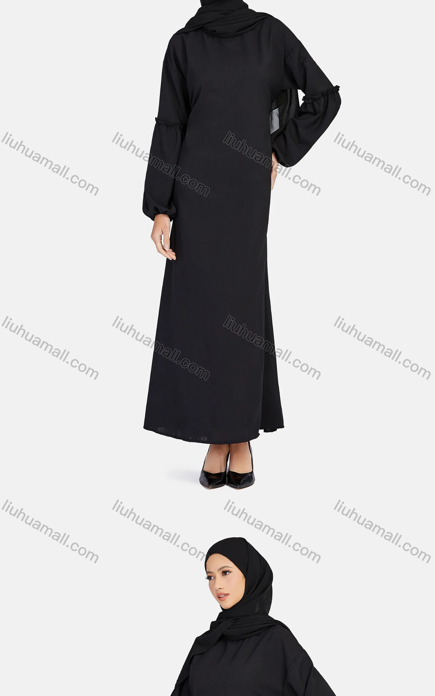 Wholesale Women's Casual Long Sleeve Lace Up Plain Ruffle Trim Maxi Dress 1311# - Liuhuamall