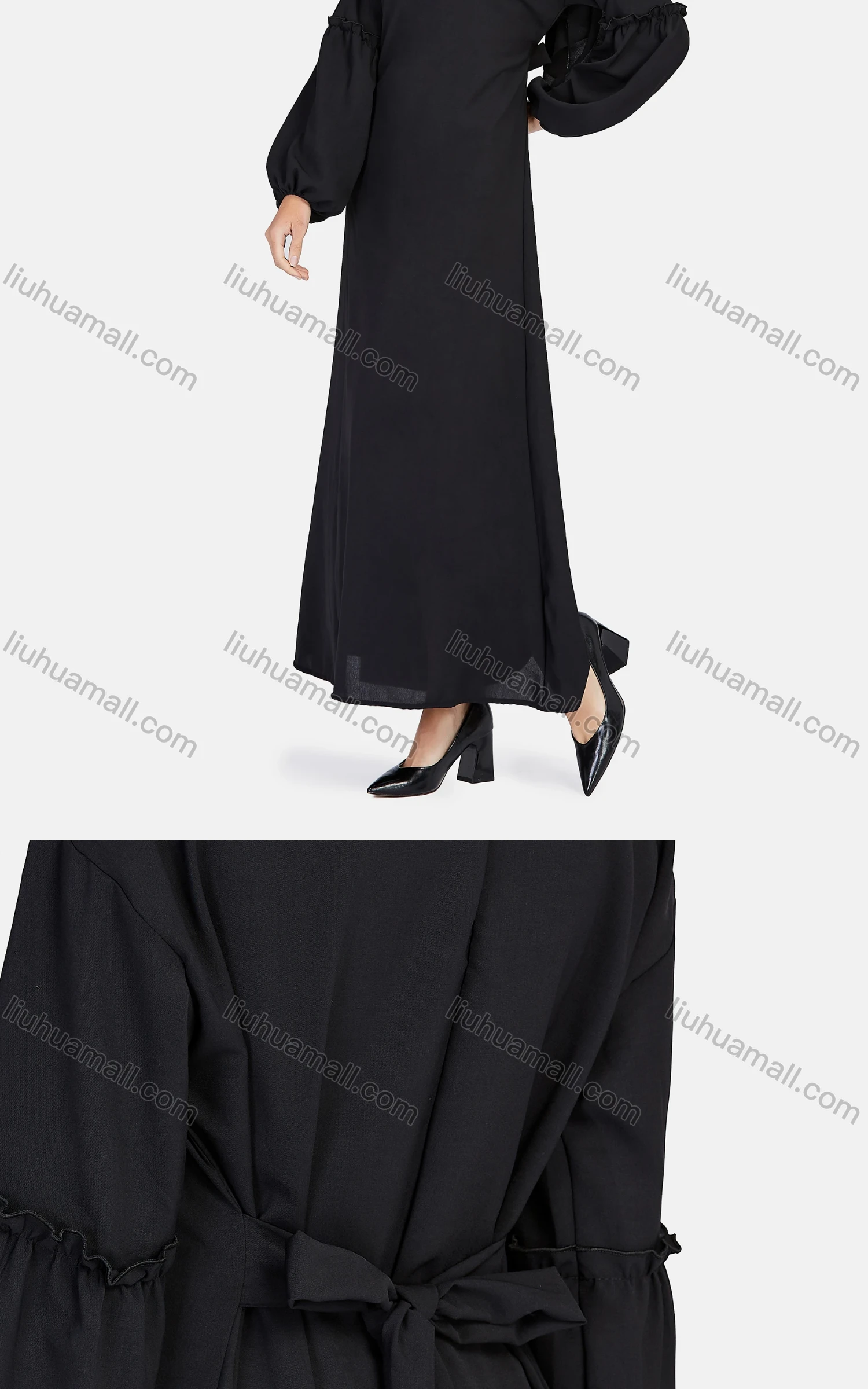 Wholesale Women's Casual Long Sleeve Lace Up Plain Ruffle Trim Maxi Dress 1311# - Liuhuamall