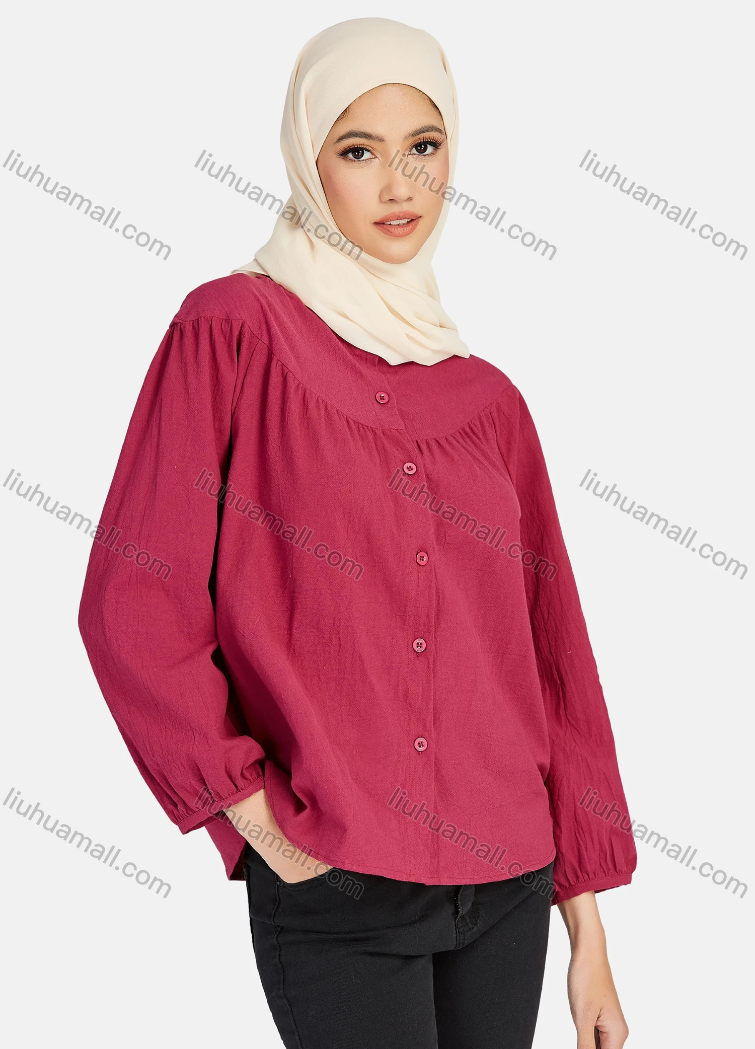 Wholesale Women's Casual Plain Ruffle Neck Elastic Cuff Button Down Blouse 1325# - Liuhuamall