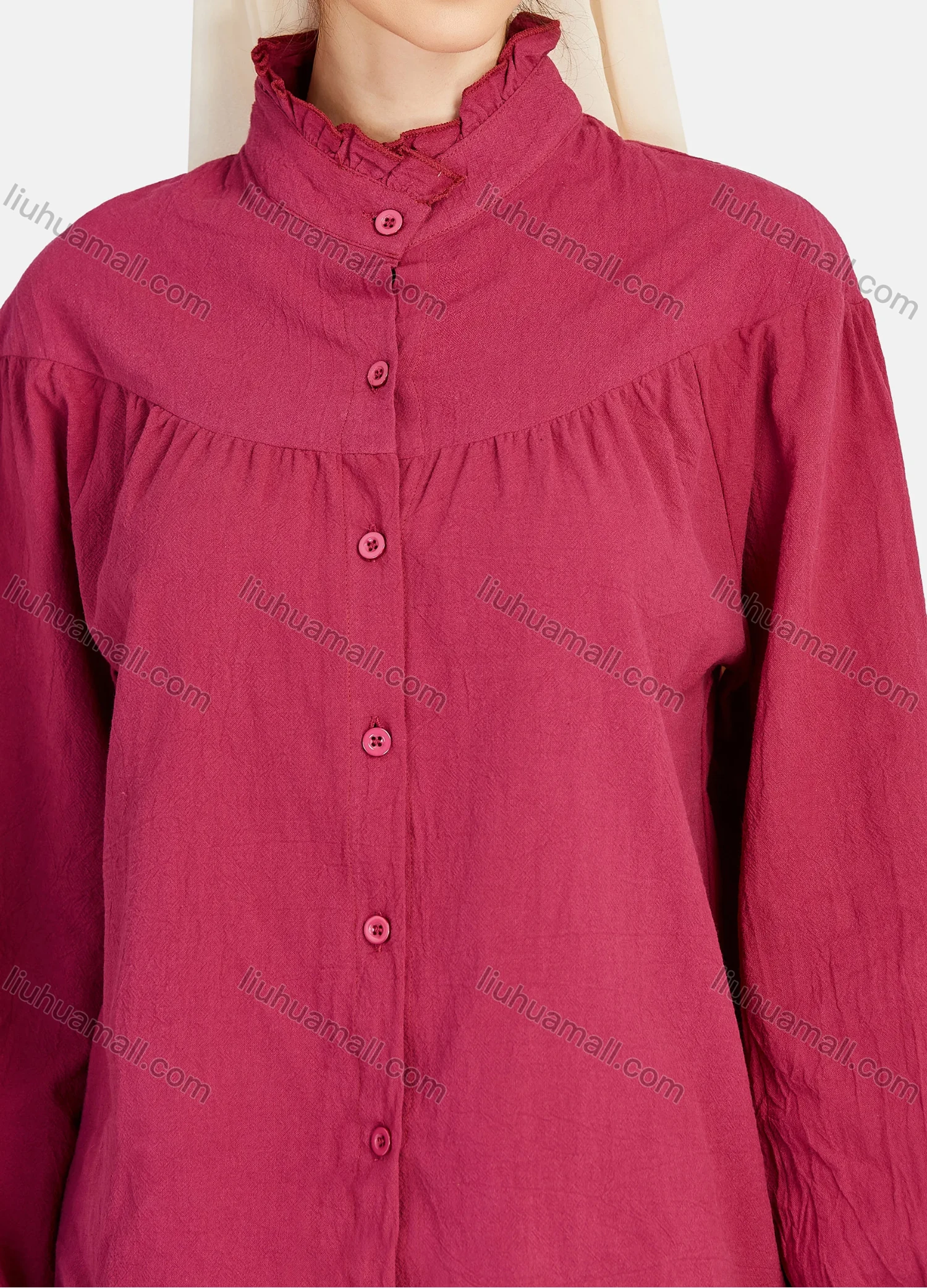 Wholesale Women's Casual Plain Ruffle Neck Elastic Cuff Button Down Blouse 1325# - Liuhuamall