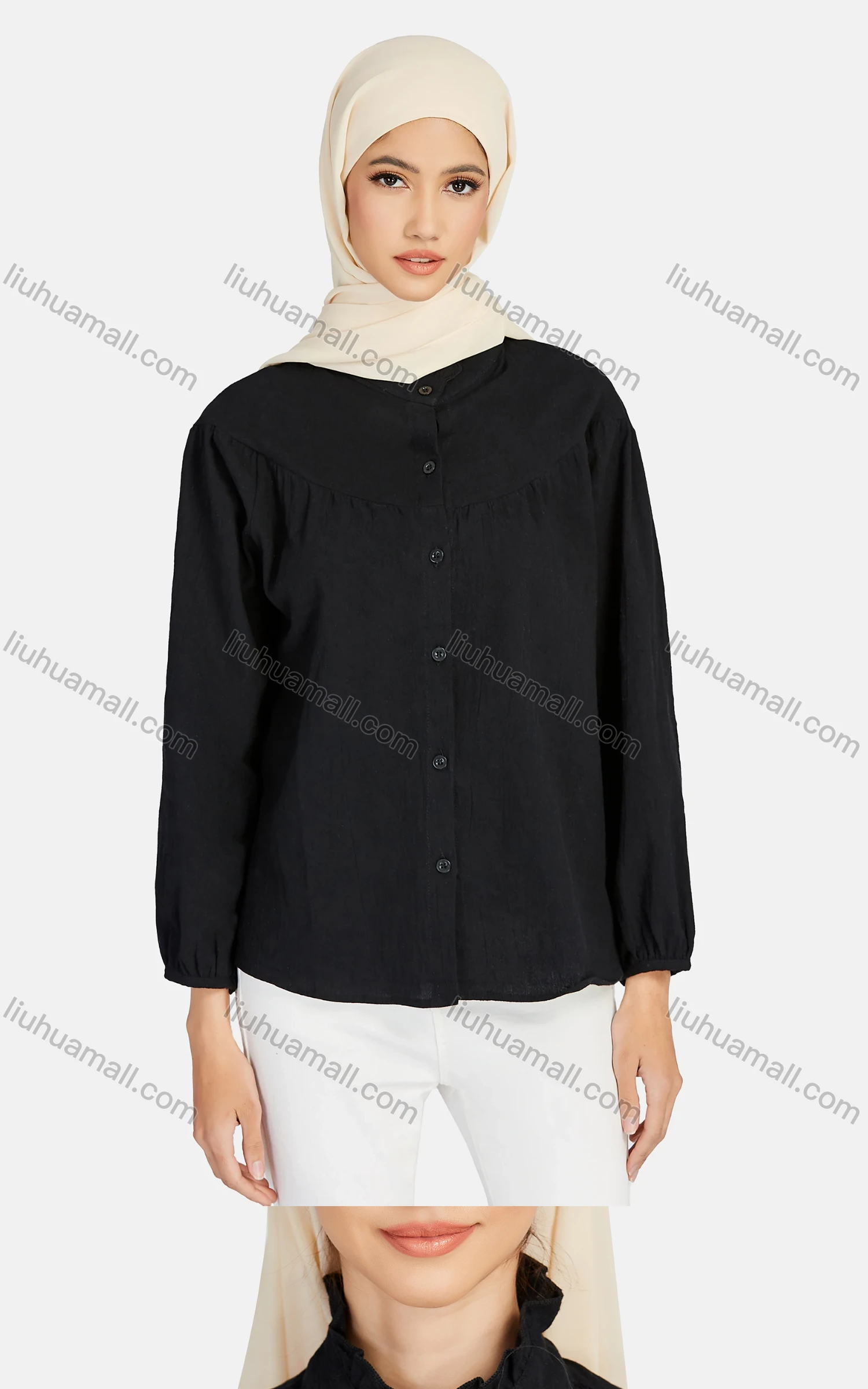 Wholesale Women's Casual Plain Ruffle Neck Elastic Cuff Button Down Blouse 1325# - Liuhuamall
