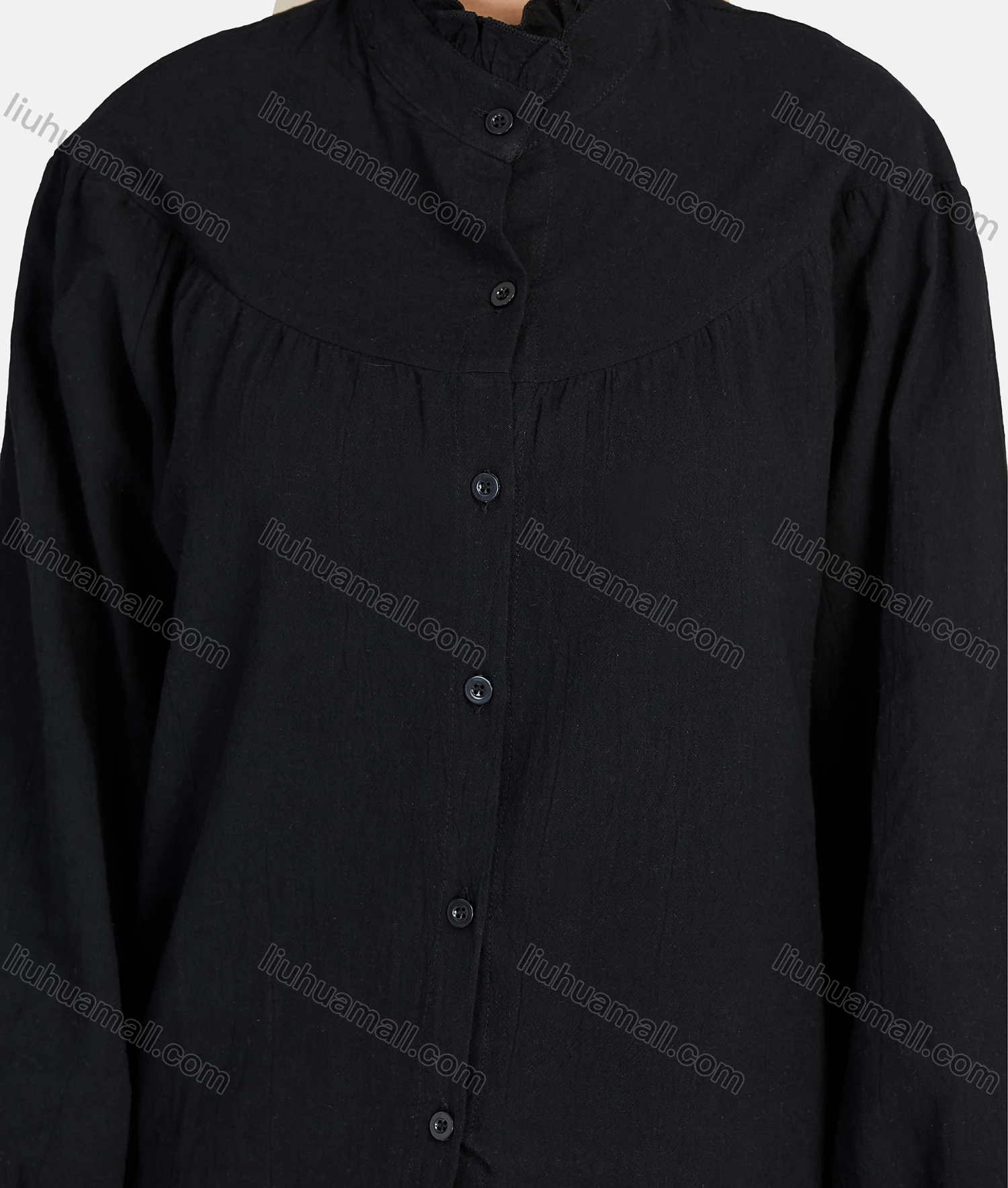Wholesale Women's Casual Plain Ruffle Neck Elastic Cuff Button Down Blouse 1325# - Liuhuamall