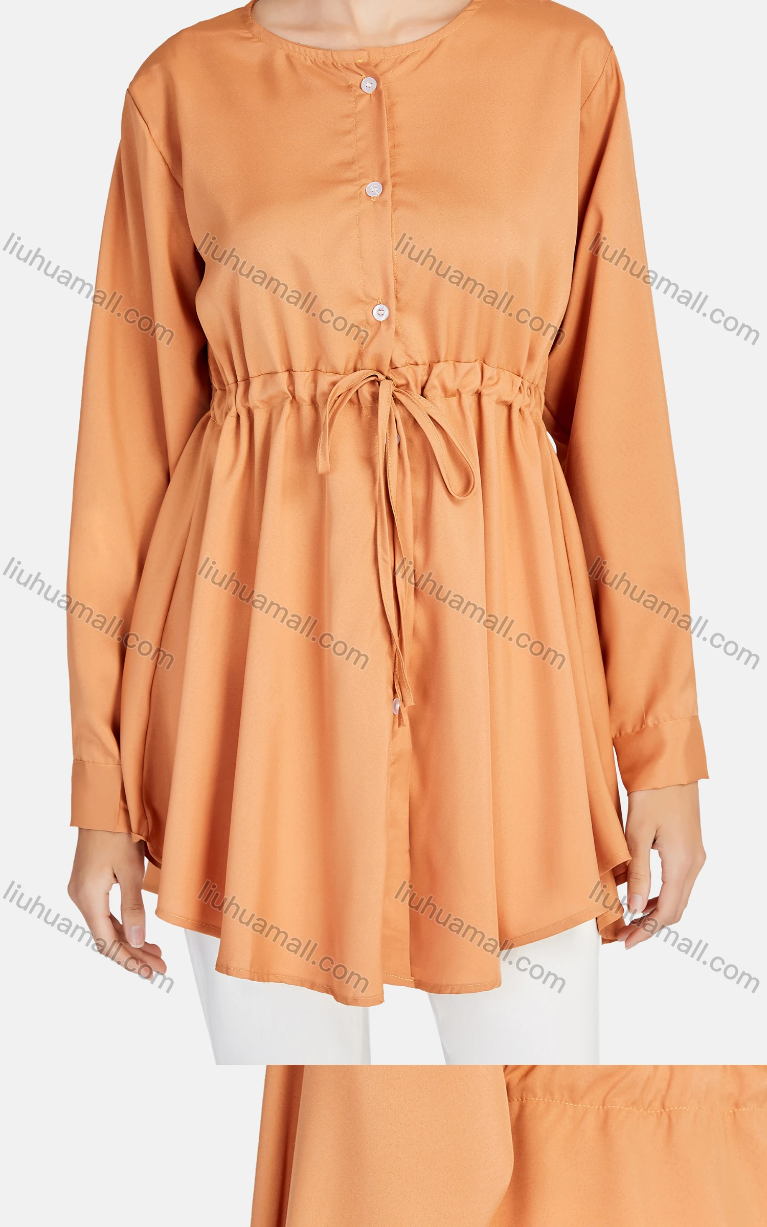 Wholesale Women's Casual Crew Neck Long Sleeve Peplum Lace Up Curved Hem Tunic 1336# - Liuhuamall