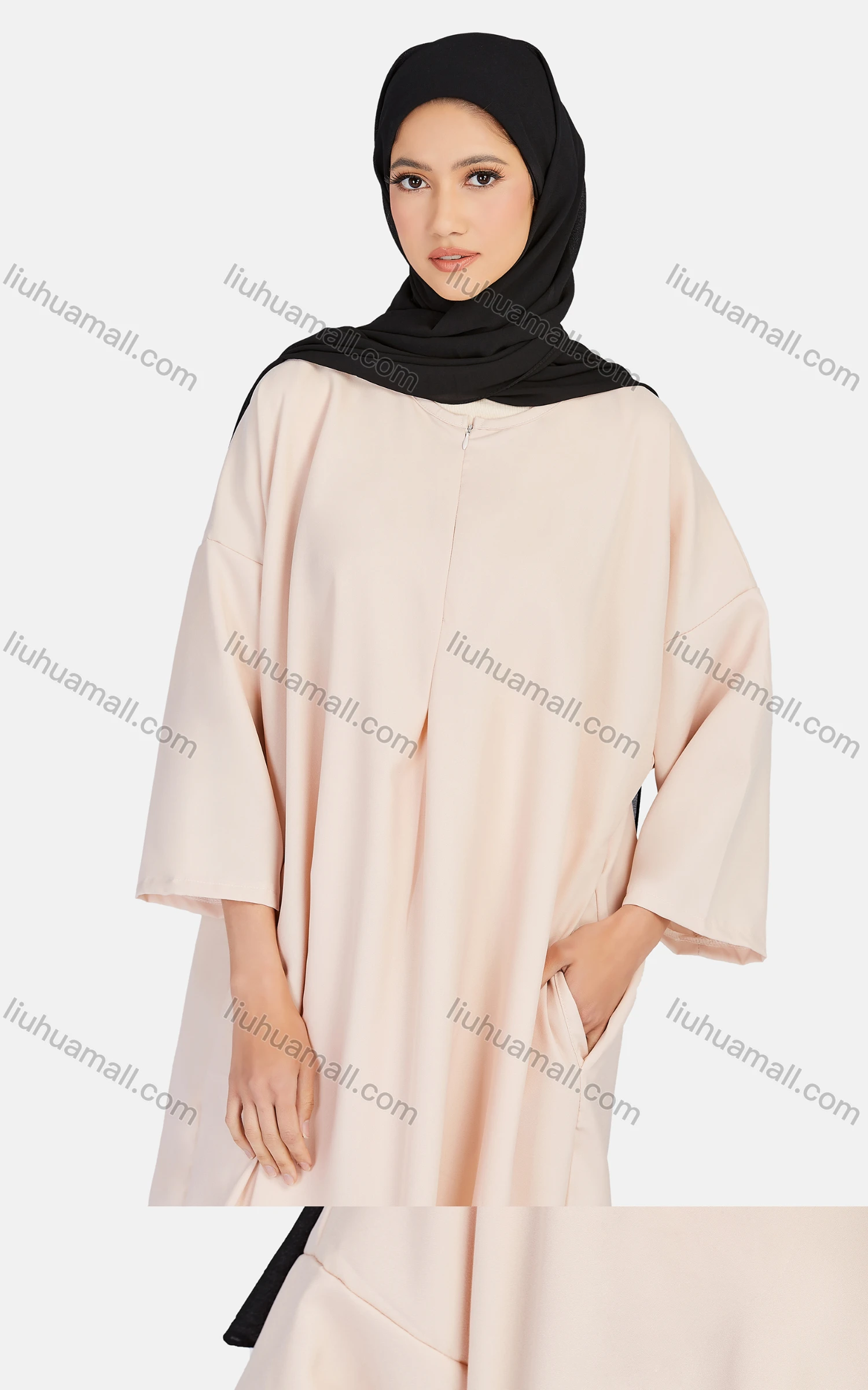 Wholesale Women's Vintage Islamic Muslim Long Sleeve Quarter Zip Pockets Abaya Dress 1351# - Liuhuamall