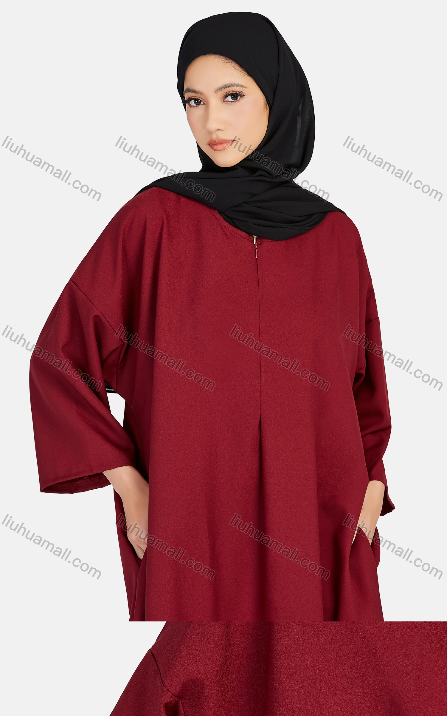 Wholesale Women's Vintage Islamic Muslim Long Sleeve Quarter Zip Pockets Abaya Dress 1351# - Liuhuamall