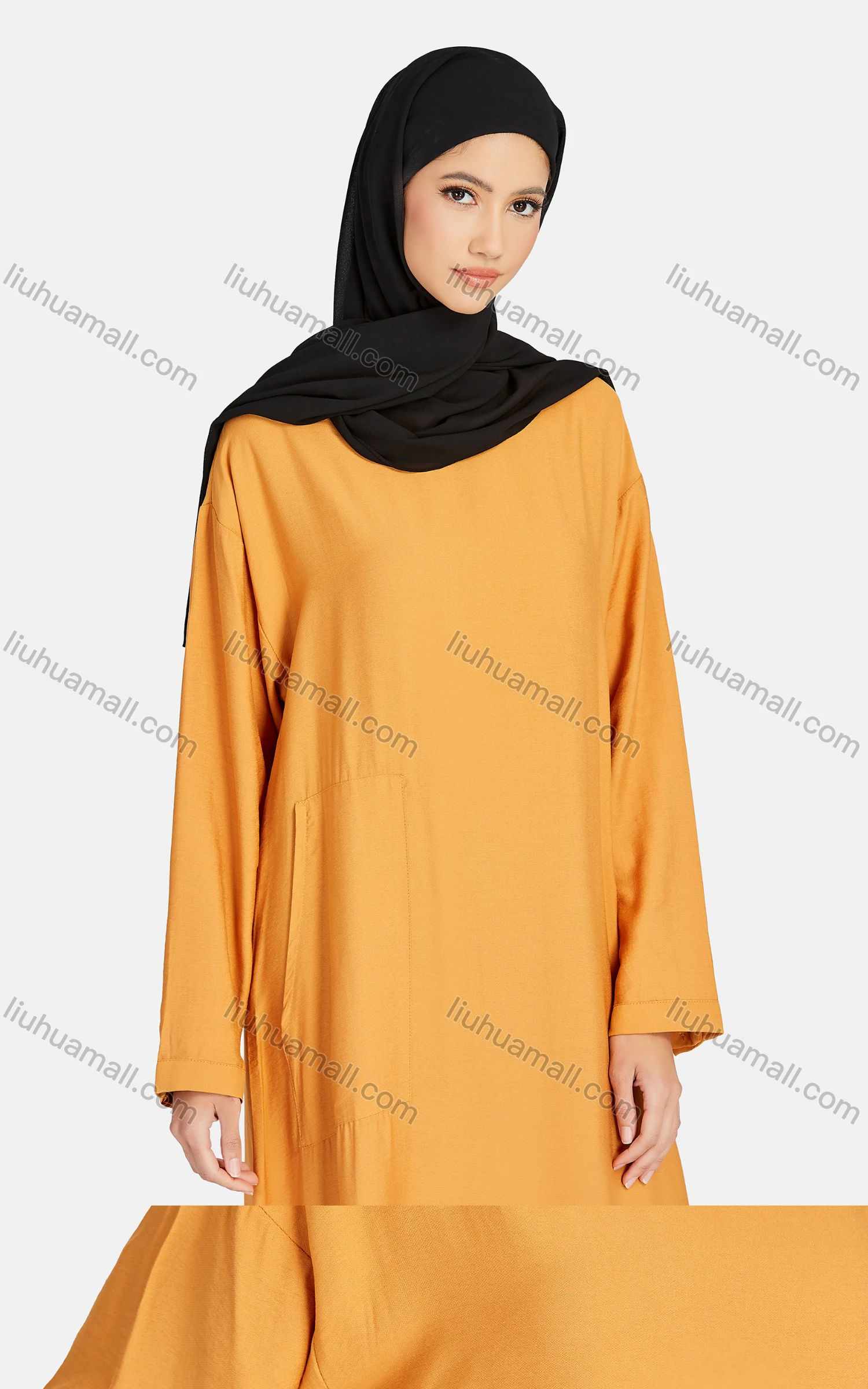 Wholesale Women's Vintage Islamic Muslim Long Sleeve Pockets Abaya Dress 1247# - Liuhuamall