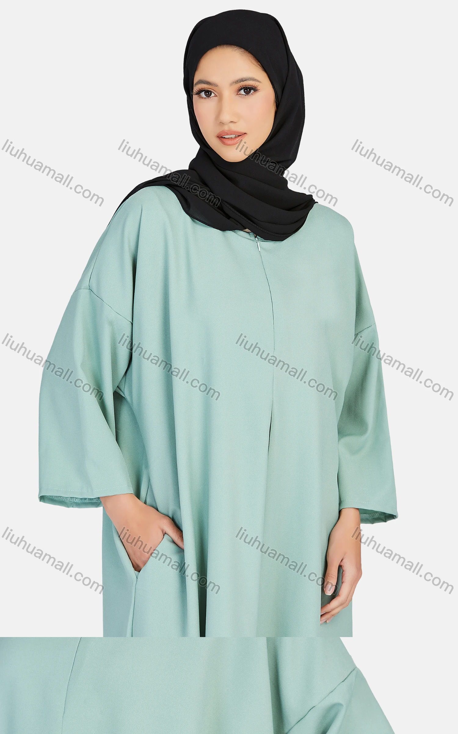 Wholesale Women's Vintage Islamic Muslim Long Sleeve Quarter Zip Pockets Abaya Dress 1351# - Liuhuamall