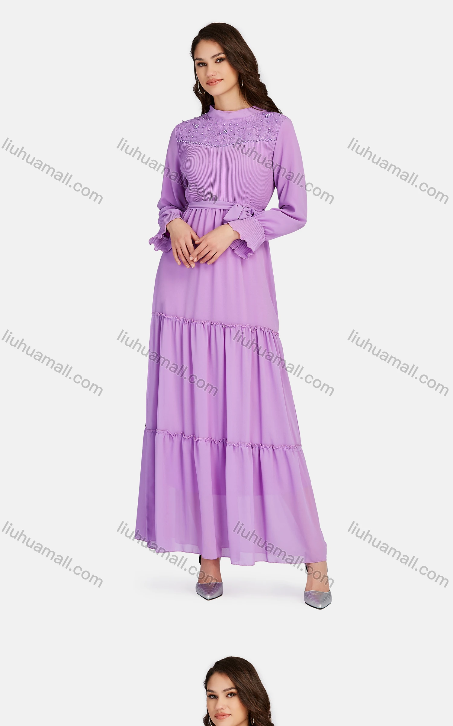 Wholesale Women's Elegant Tiered Pearl Decro Lace Up Chiffon Maxi Dress K390# - Liuhuamall