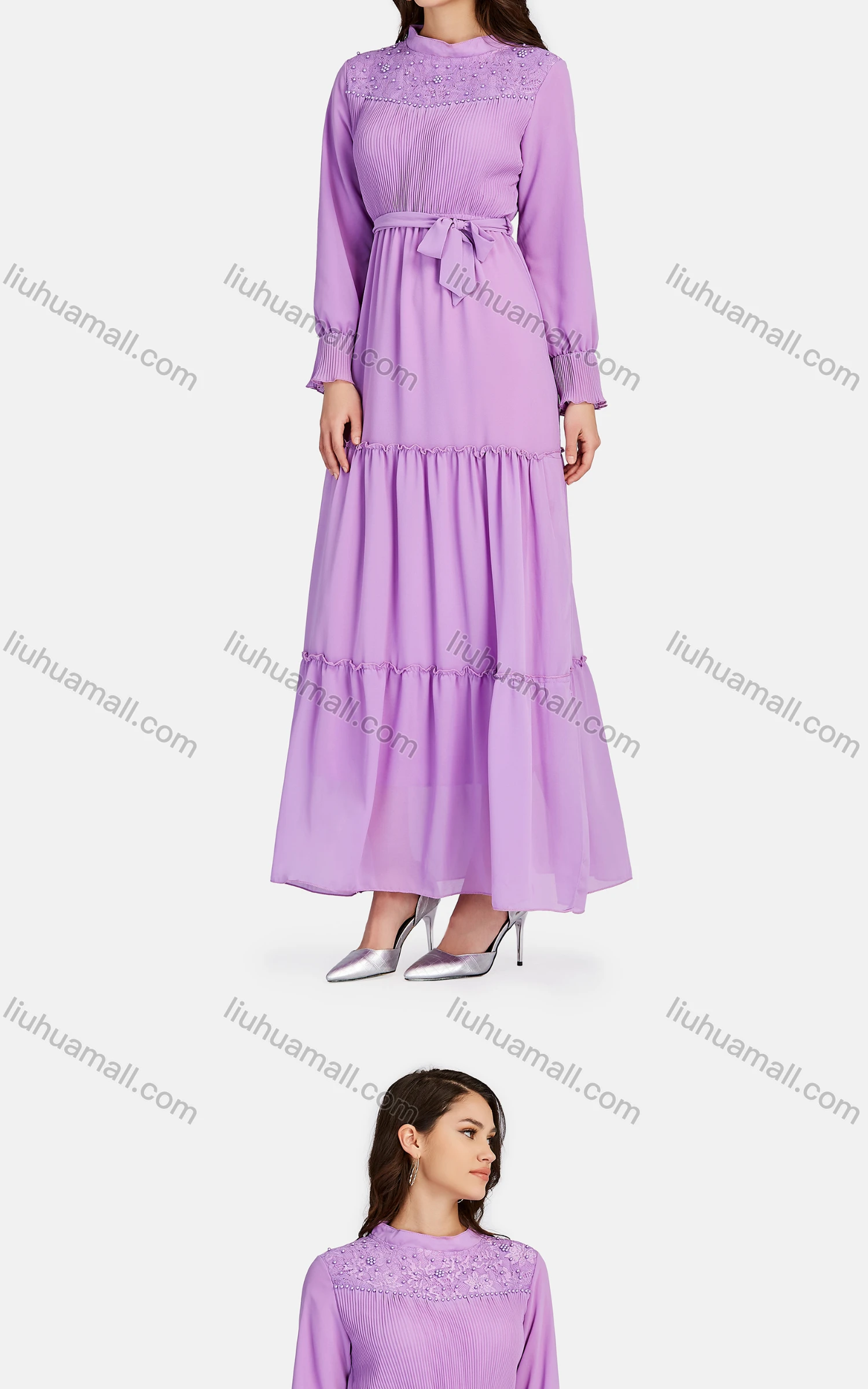 Wholesale Women's Elegant Tiered Pearl Decro Lace Up Chiffon Maxi Dress K390# - Liuhuamall