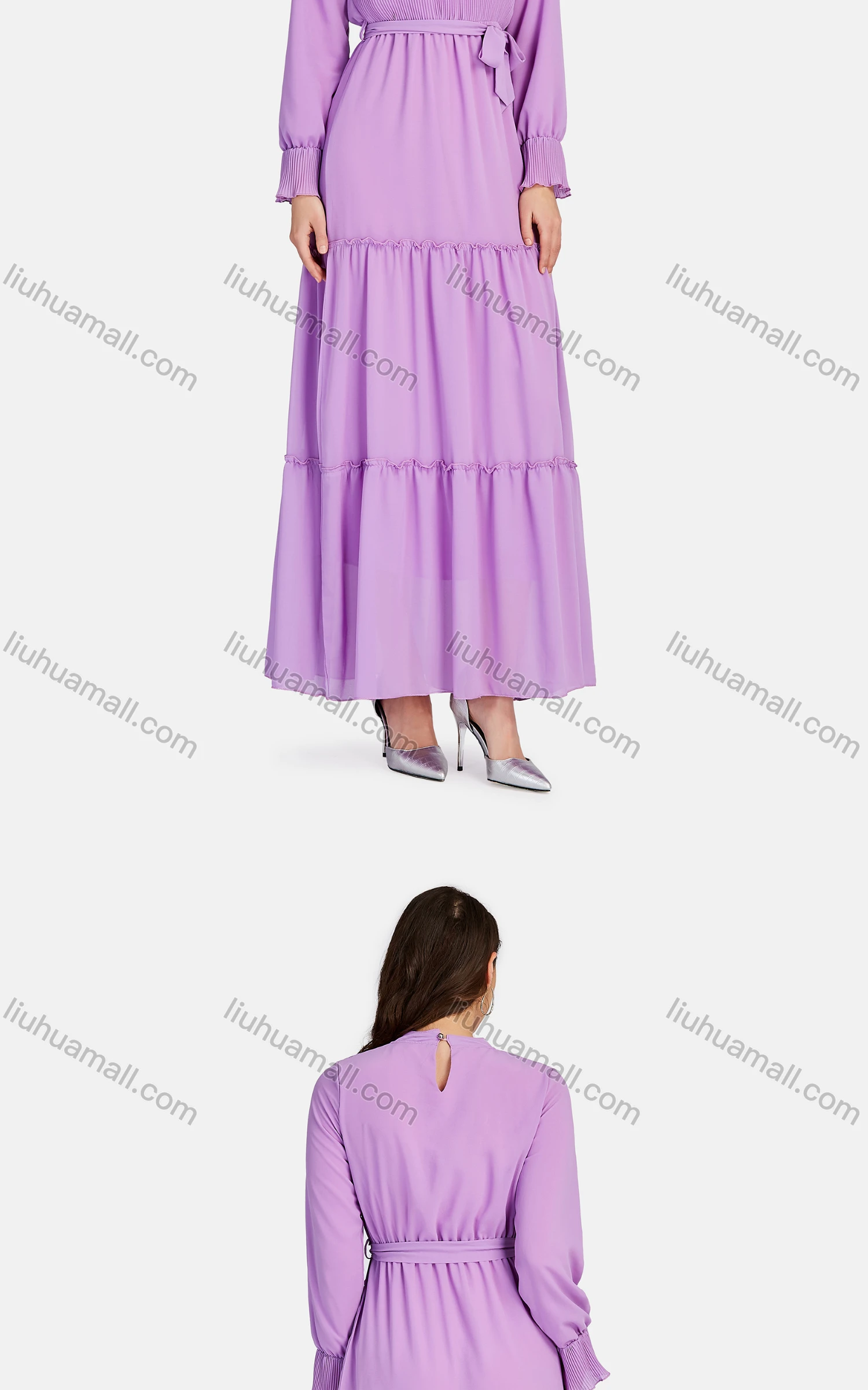 Wholesale Women's Elegant Tiered Pearl Decro Lace Up Chiffon Maxi Dress K390# - Liuhuamall