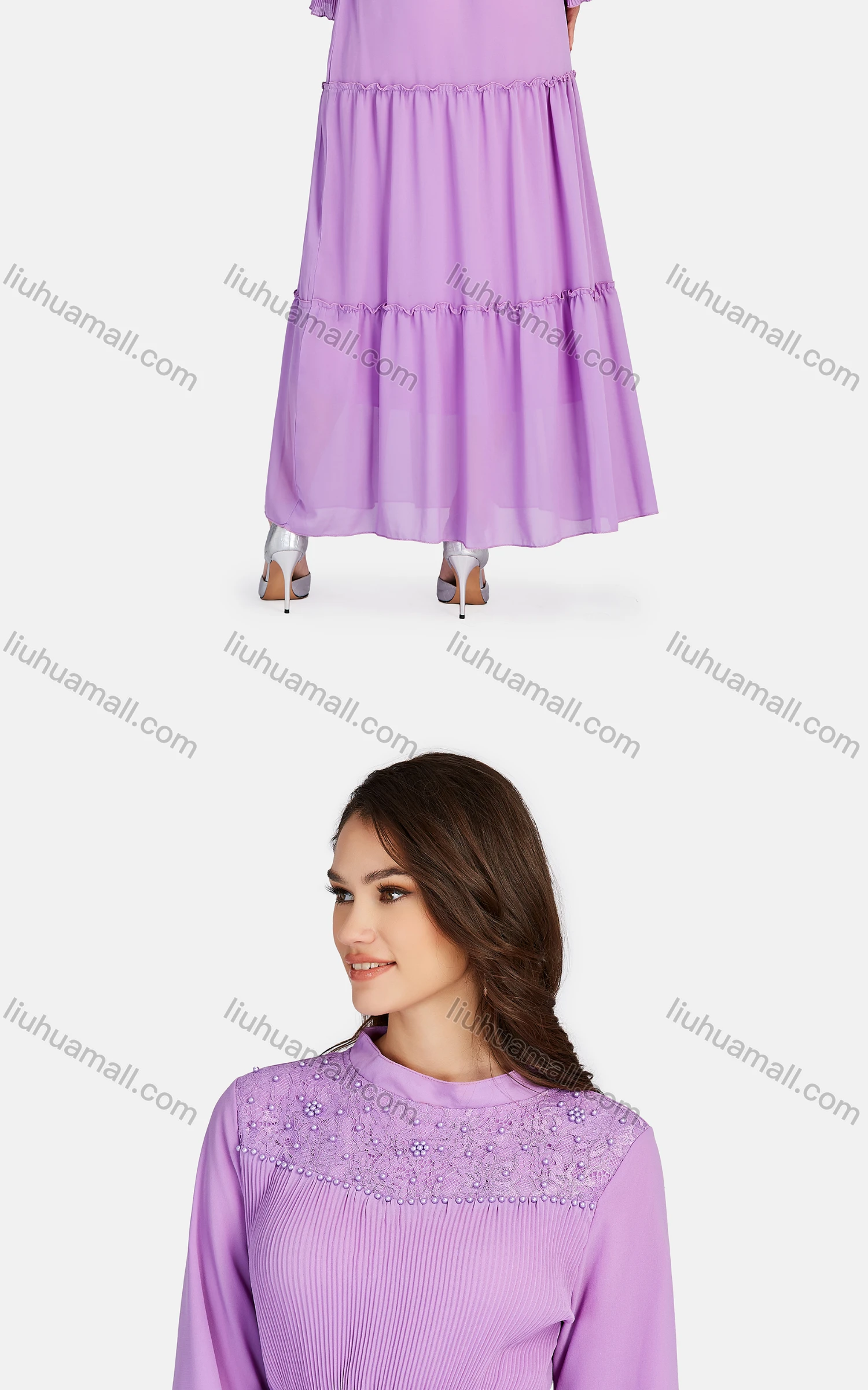 Wholesale Women's Elegant Tiered Pearl Decro Lace Up Chiffon Maxi Dress K390# - Liuhuamall