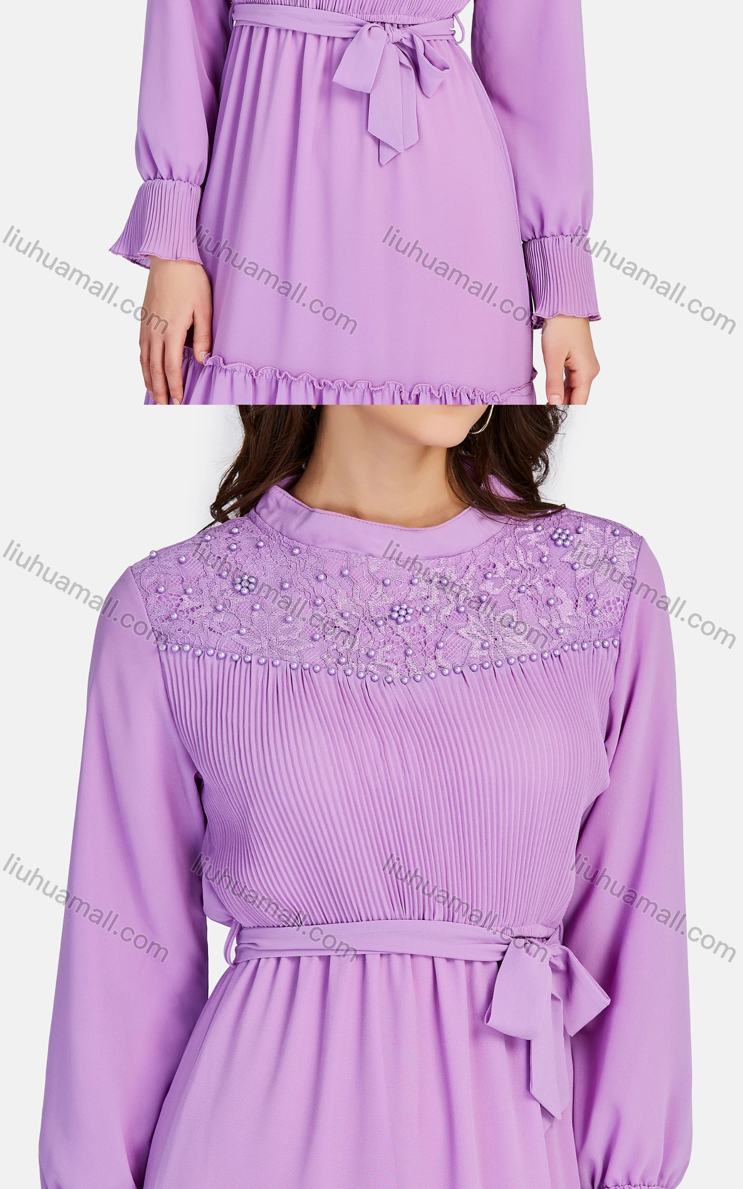 Wholesale Women's Elegant Tiered Pearl Decro Lace Up Chiffon Maxi Dress K390# - Liuhuamall