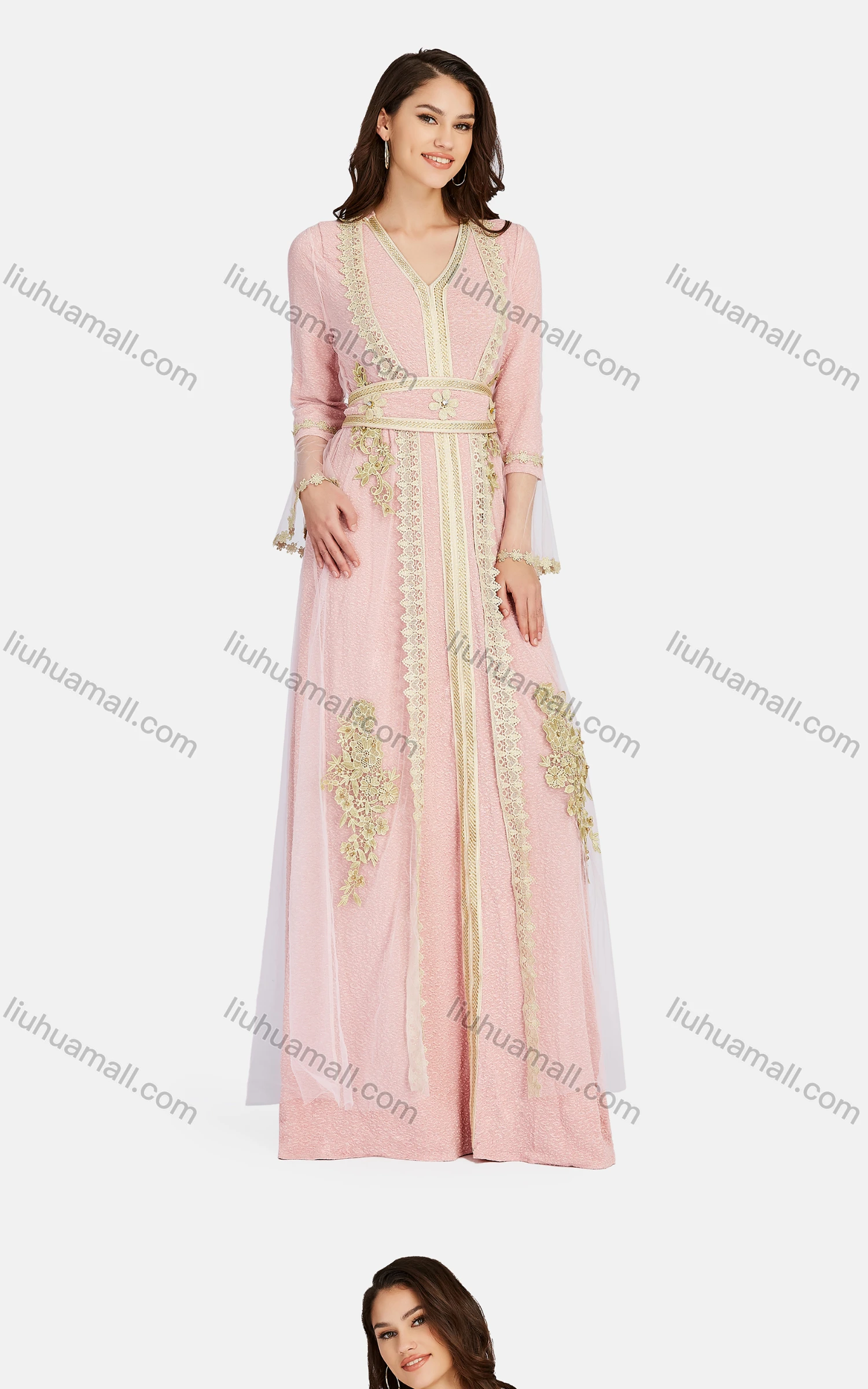 Wholesale Women's See Through Lace Cardigan & Embroidery V Neck Floor Length Dress 2 Piece Set K022# - Liuhuamall